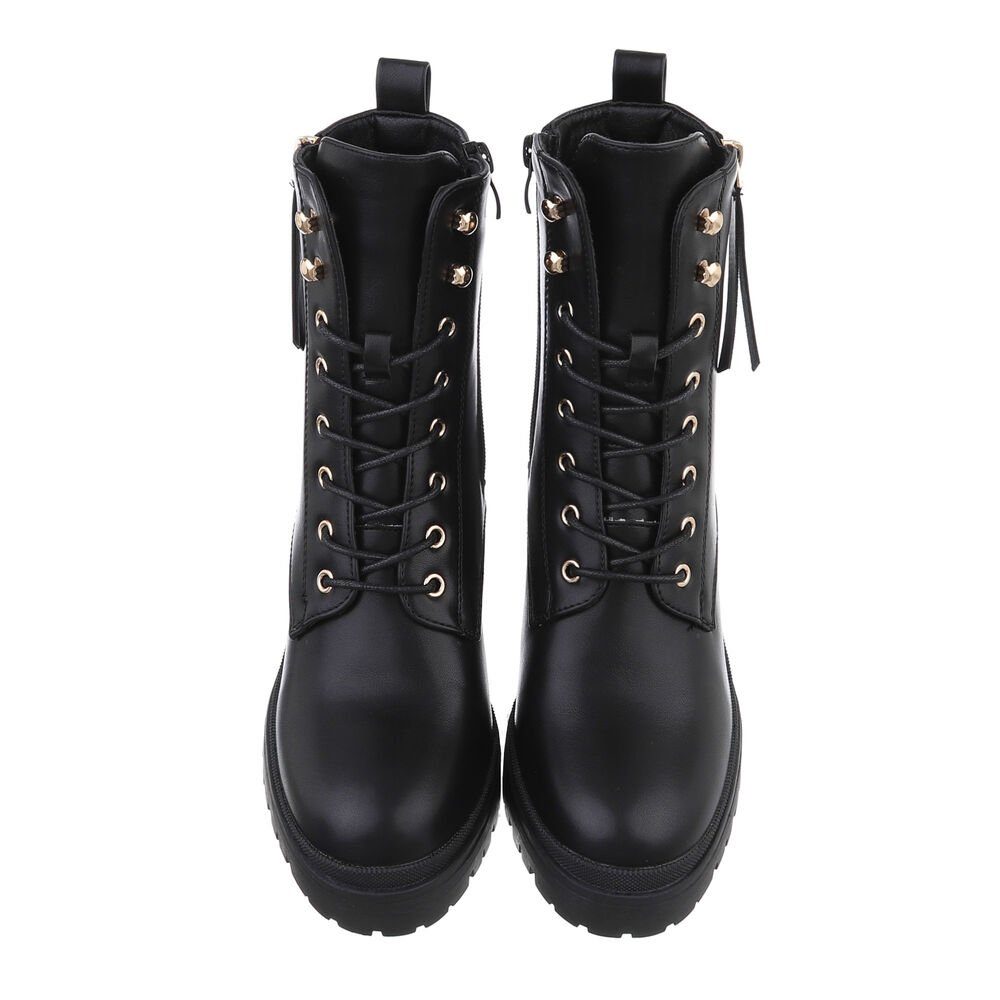 Ital-Design Damen Schnürschuhe Freizeit Schnürstiefelette Blockabsatz High-Heel Stiefeletten in Schwarz