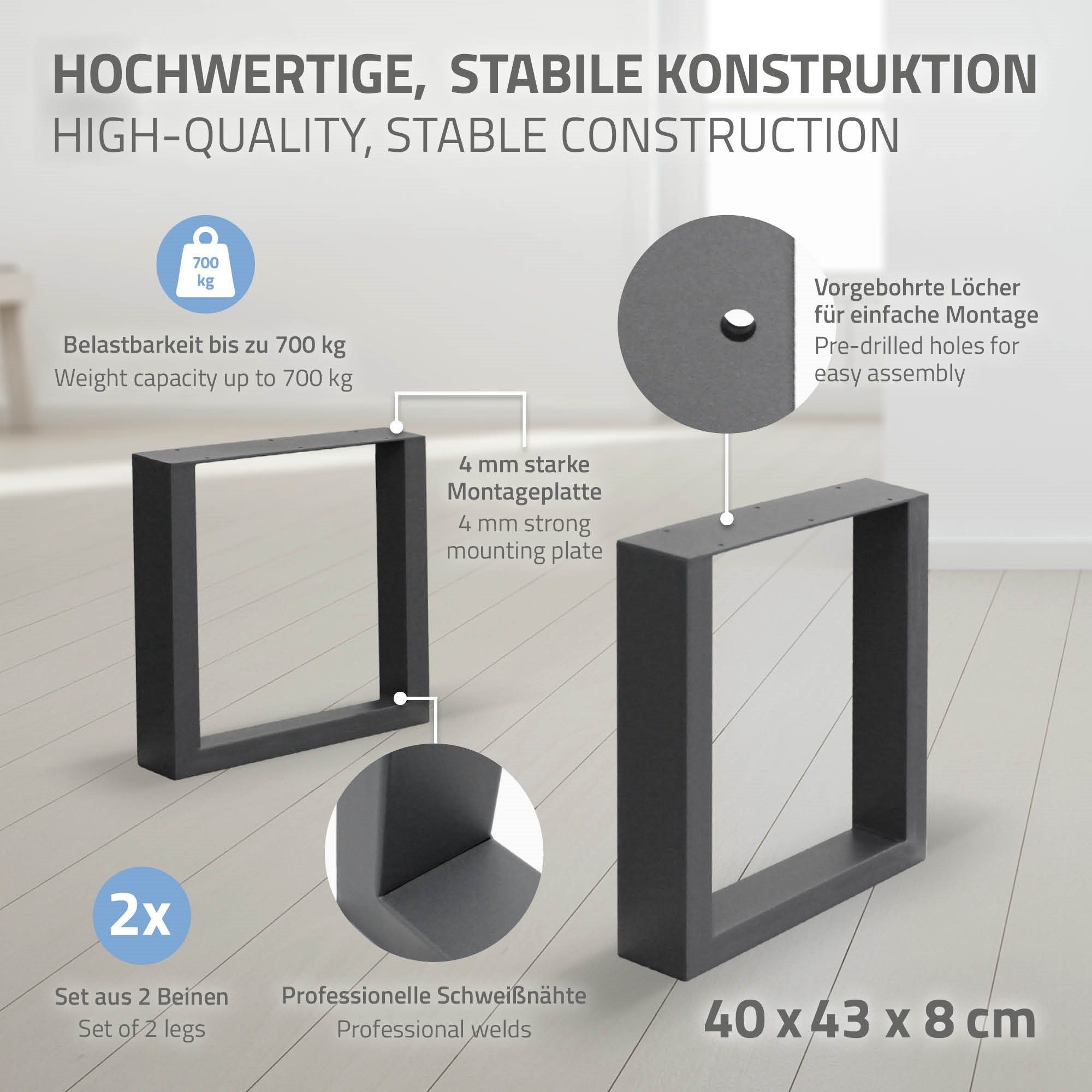 ECD Germany Tischbein Tischkufen Tischuntergestell Tischgestell Möbelfüße, 2er Set 40x43cm Dunkelgrau Stahl Industriedesign