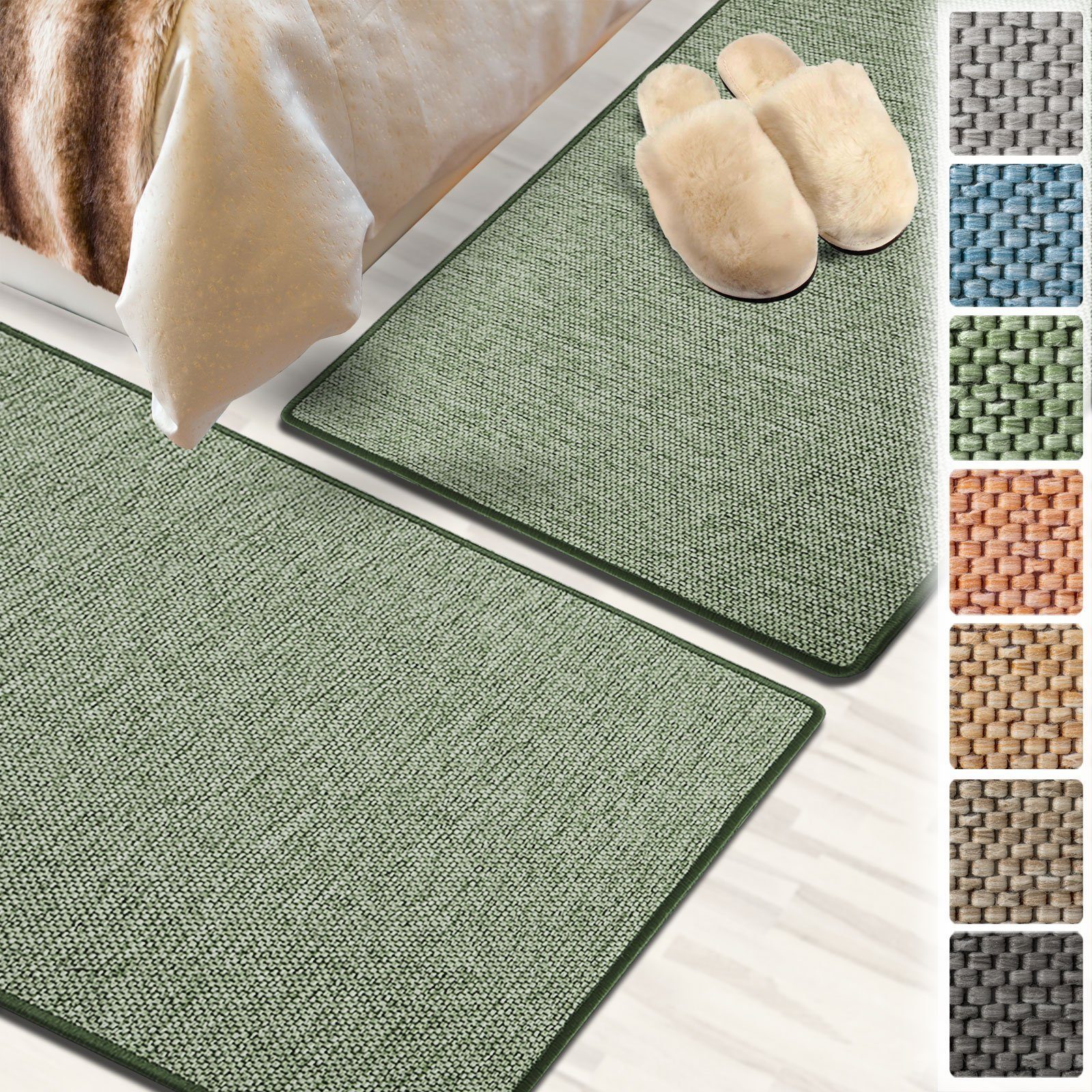 Bettumrandung Sabang Grün, 3 Größen, Teppichläufer, ideal im Schlafzimmer Floordirekt, Höhe 3.5 mm, (3-tlg), in Sisal-Optik