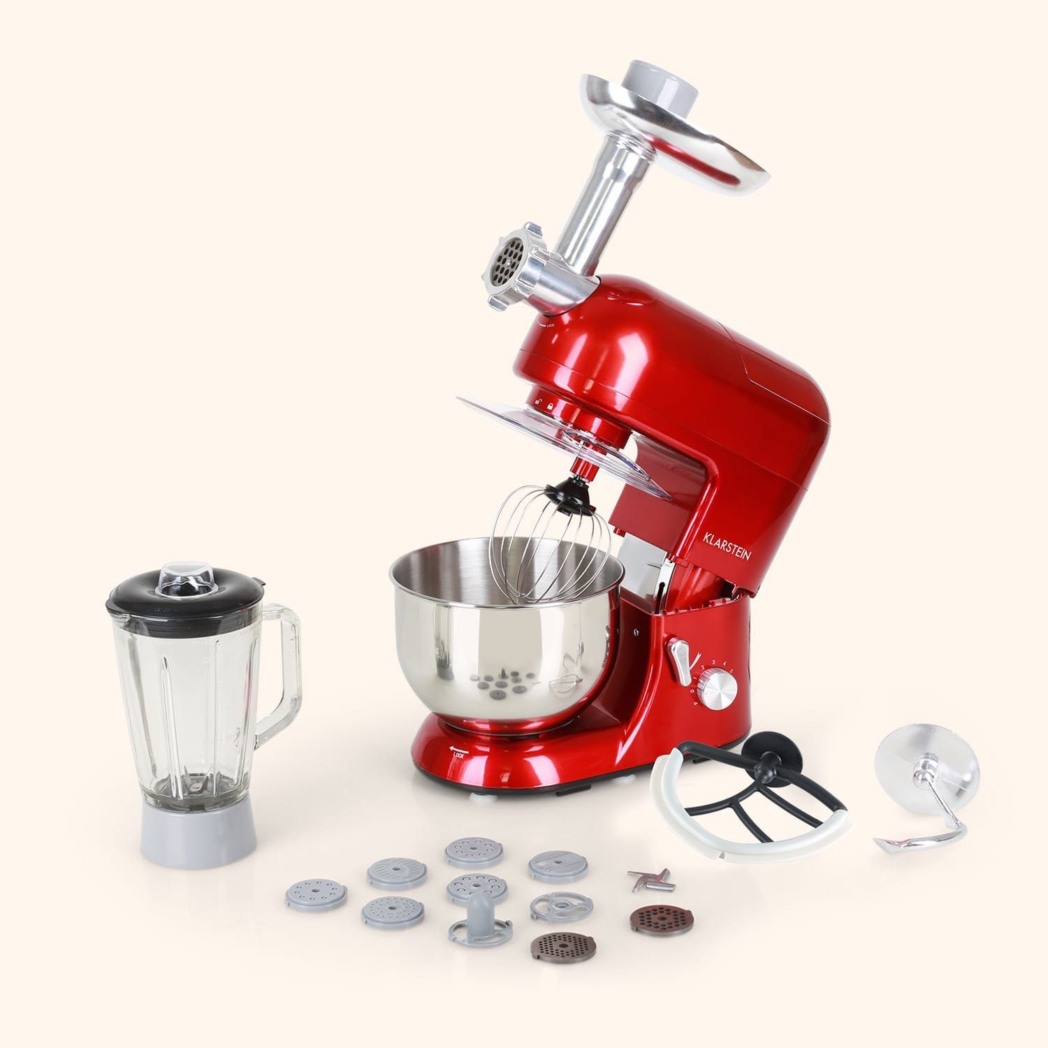 Klarstein Küchenmaschine mit Kochfunktion Lucia Rossa, 2000 W, 5.2 l Schüssel, Knetmaschine Teigmaschine Teigknetmaschine Rührmaschine Fleischwolf