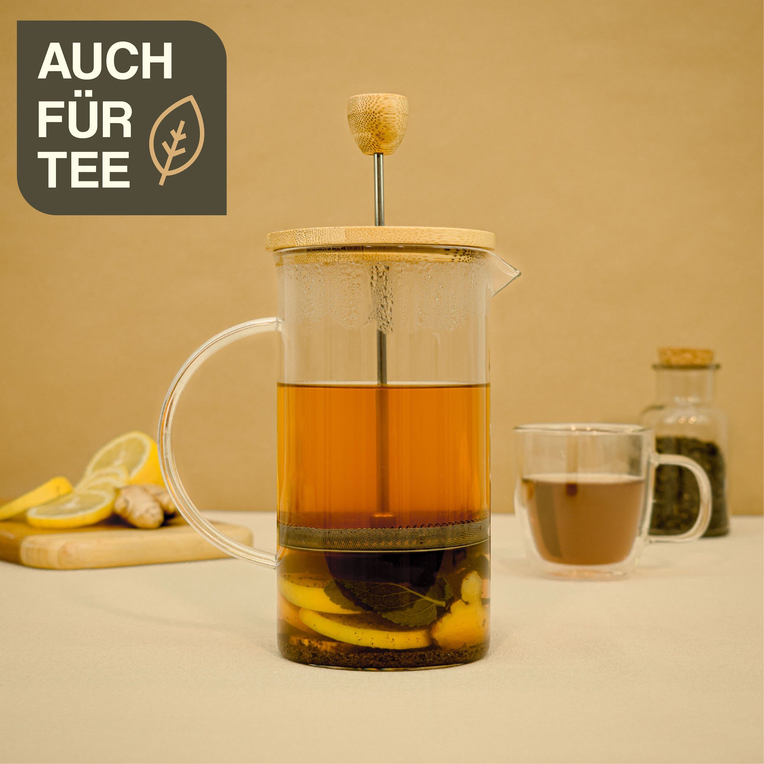 Cosumy French Press Kanne French Press aus Glas 1L, 1l Kaffeekanne, Kaffeebereiter für 2 Tassen Kaffee - Mit Dosierlöffel und Reinigungspinsel