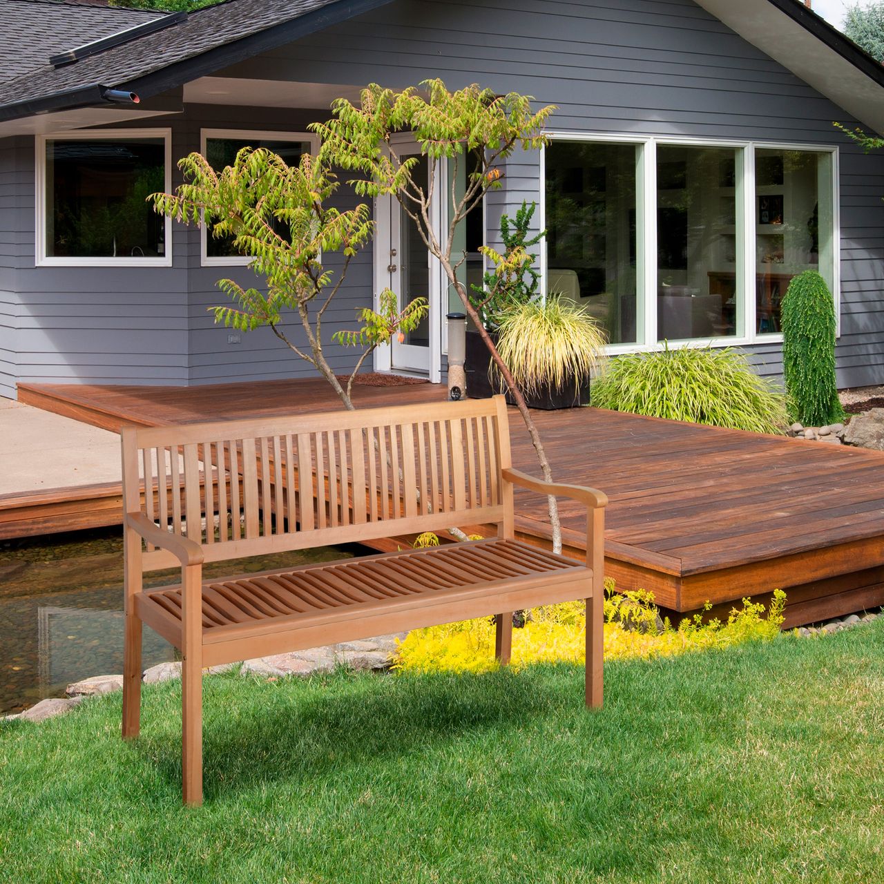 Outsunny Gartenbank 2-Sitzer Sitzbank aus Holz Parkbank bis 180 kg Bank Terrassenbank mit Rückenlehnen Gartenmöbel Pappelholz Gelb 126,8 x 62 x 91,3 cm