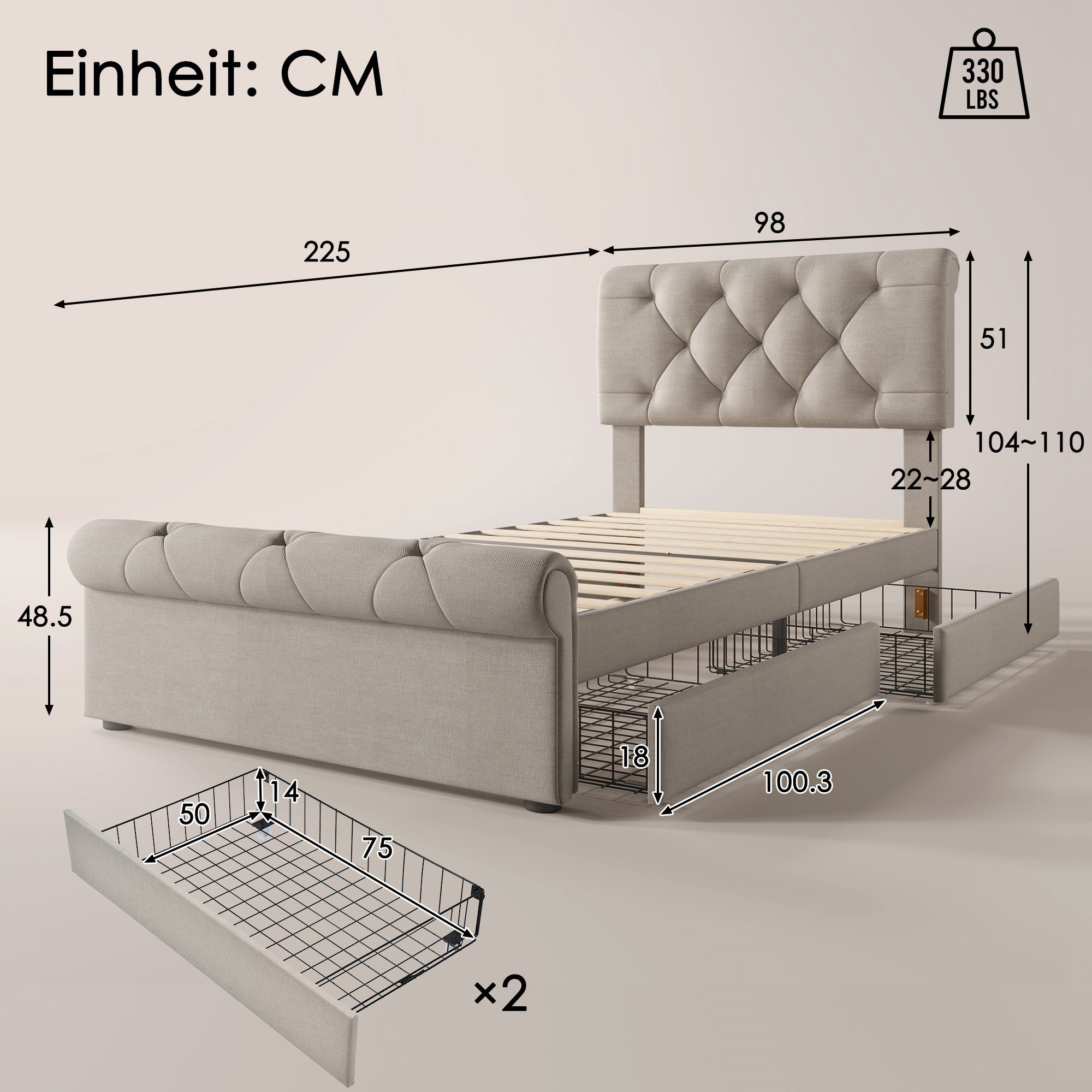 Flieks Polsterbett, Einzelbett Stauraumbett mit 2 Schubladen Leinen 90x200cm