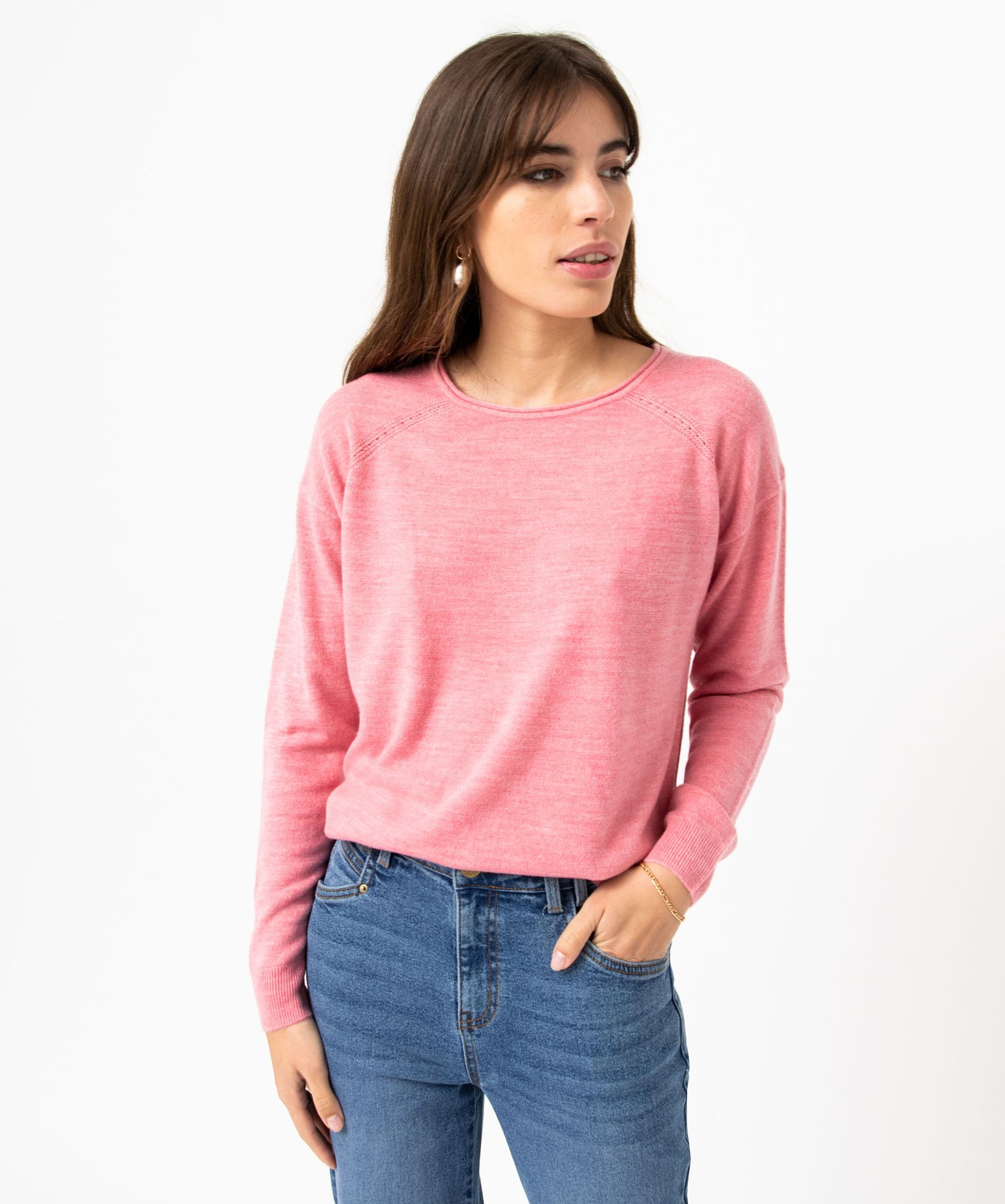 Pull à col rond finitions roulottées femme rose | GEMO
