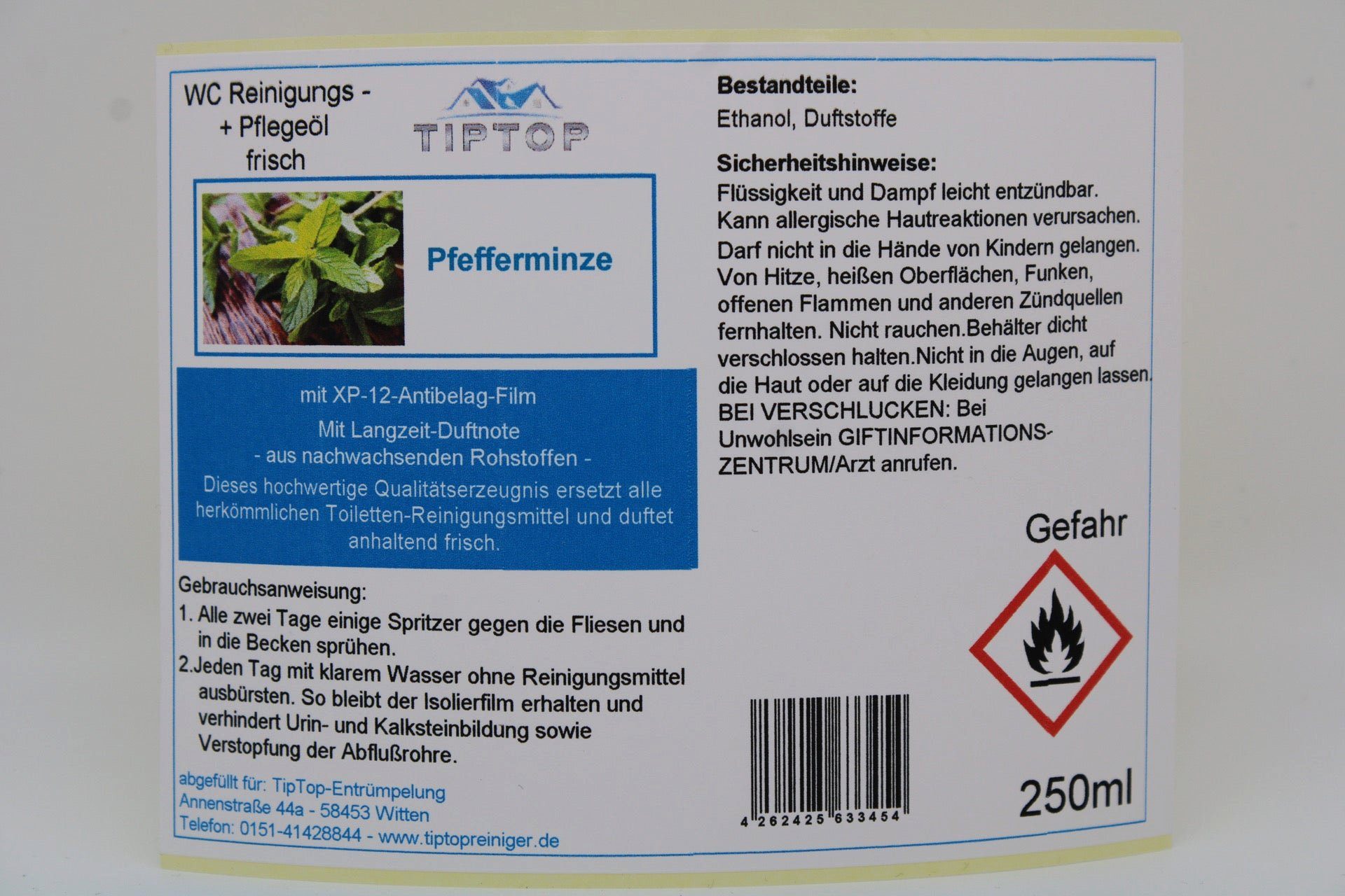 TIPTOP Raumduft WC Reiniger Reinigungs und Pflege Öl frisch 250 ml (verschiedene Duftnoten, Alpenkönig, Cool, Eukalyptus, Fichte, Lavendel, Pfefferminze, Zirbe, Neutral ohne Duft)