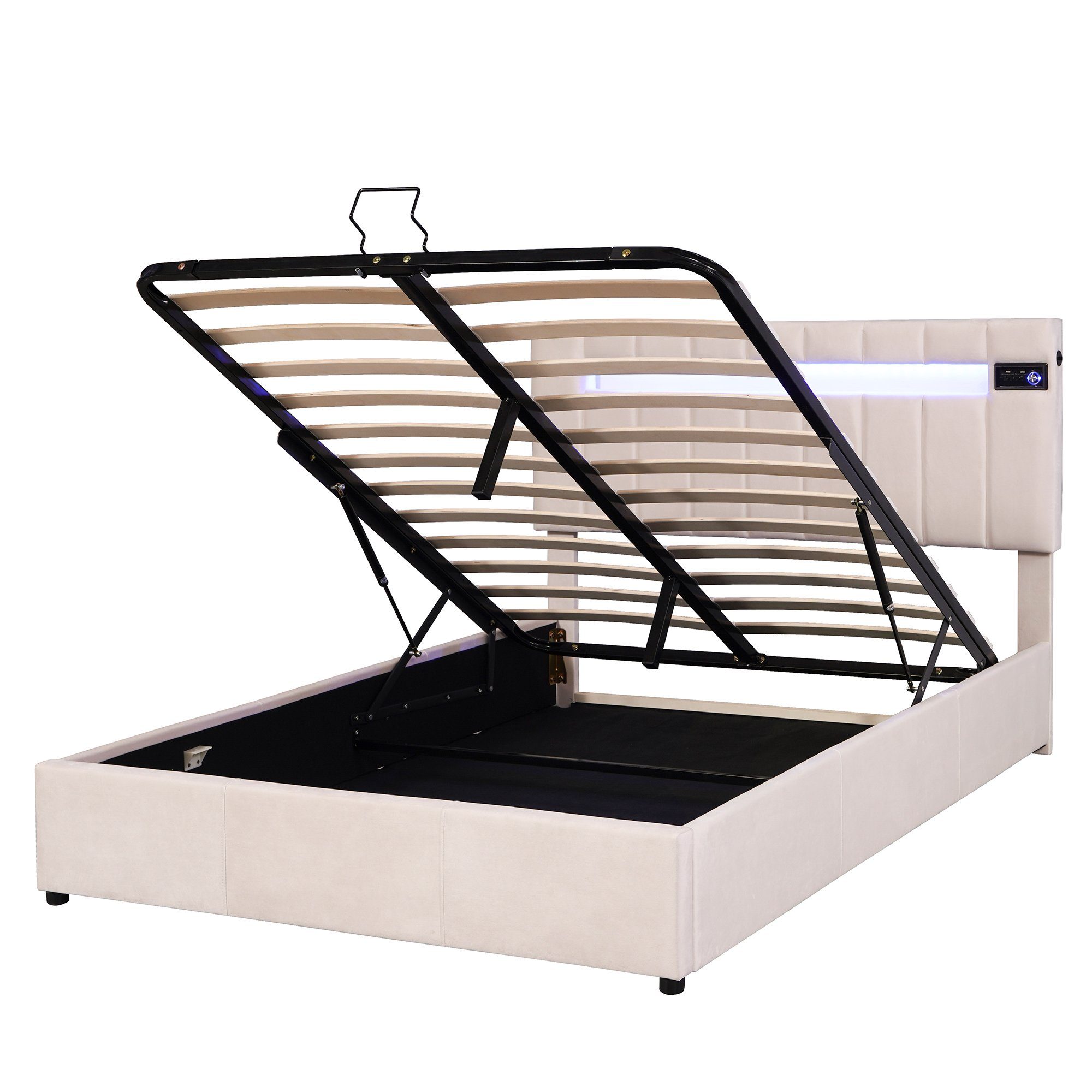 Flieks Polsterbett, LED-Licht USB-Laden hydraulisches Holzbett Samt 140x200cm