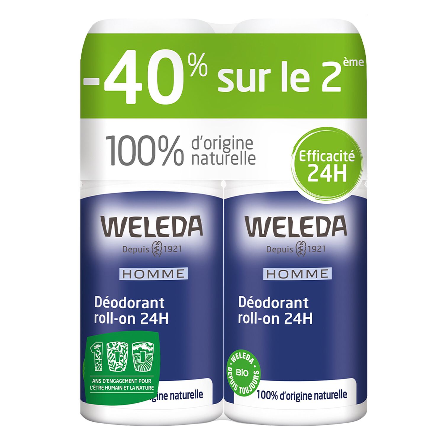 Weleda Homme Déodorant Roll-on 24h - 100% d'Origine Naturelle 2 x 50 ml