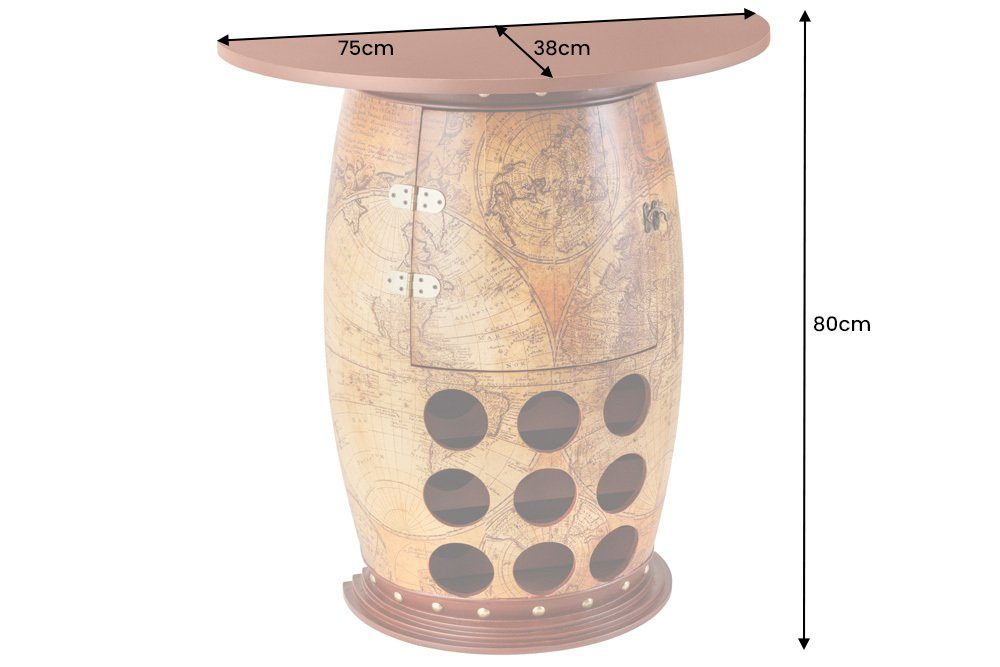 riess-ambiente Weinregal SEVEN SEAS 80cm natur / braun, Einzelartikel 1-tlg., Wohnzimmer · Massivholz · Barschrank · Fass · Weltkarte
