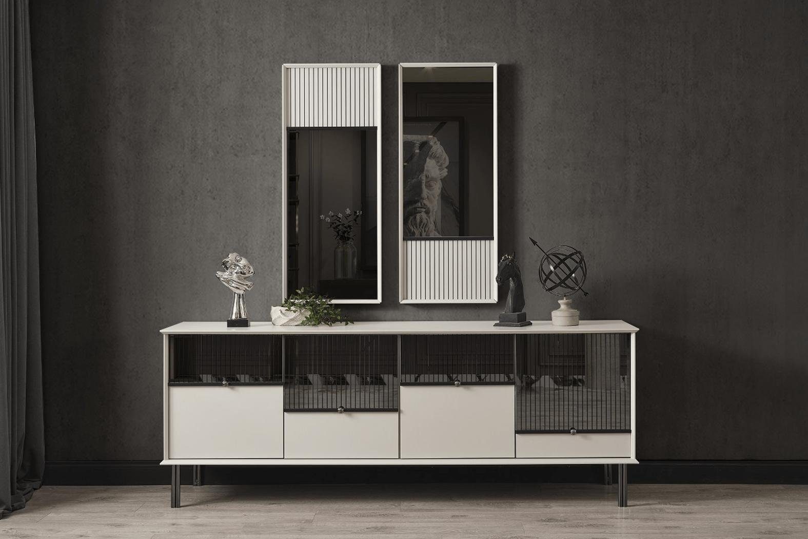 JVmoebel Esszimmer-Set Moderne Essgruppe Designer Esszimmergarnitur Esstisch Stühle, (9-St., Esstisch, 6x Stühle, Sideboard, 2x Spiegel), Made in Europa