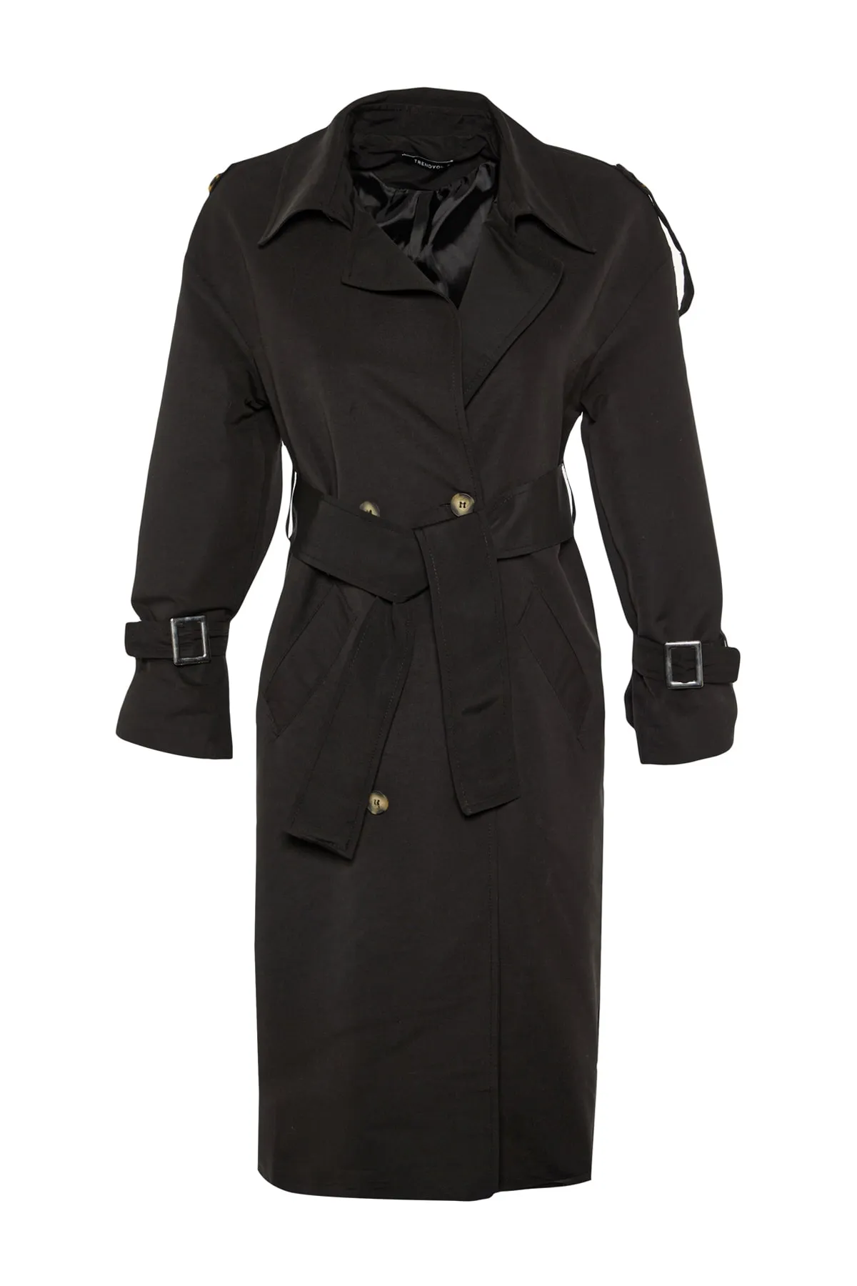 Trendyol Collection  Schwarzer, weit geschnittener, langer, wasserabweisender Trenchcoat mit Gürtel TWOSS21TR0005