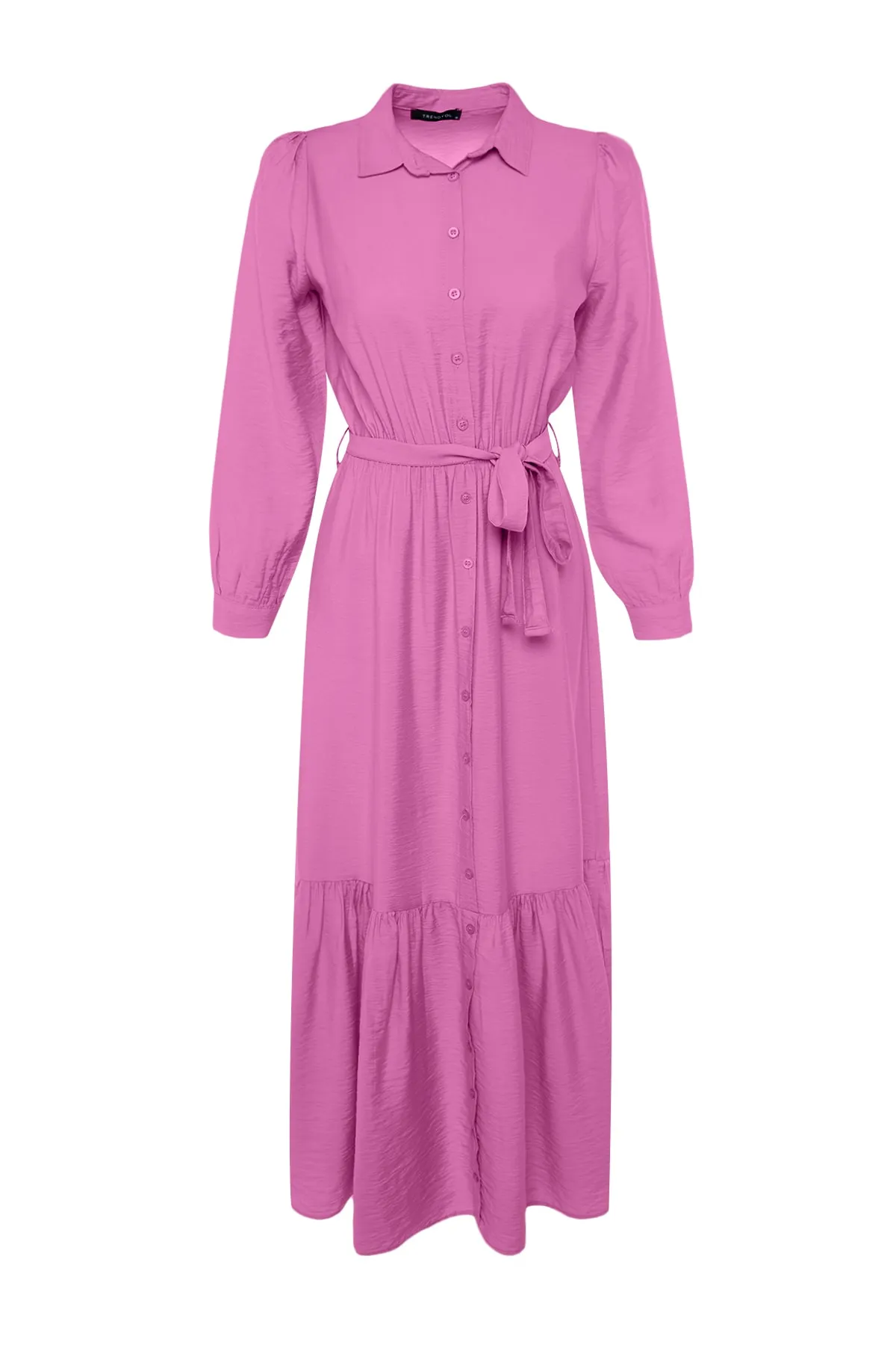 Trendyol Modest  Rosa Hemdblusenkleid aus Webstoff mit Gürtel an den Schultern, detailliertem Rock und Volant TCTSS21EL3887