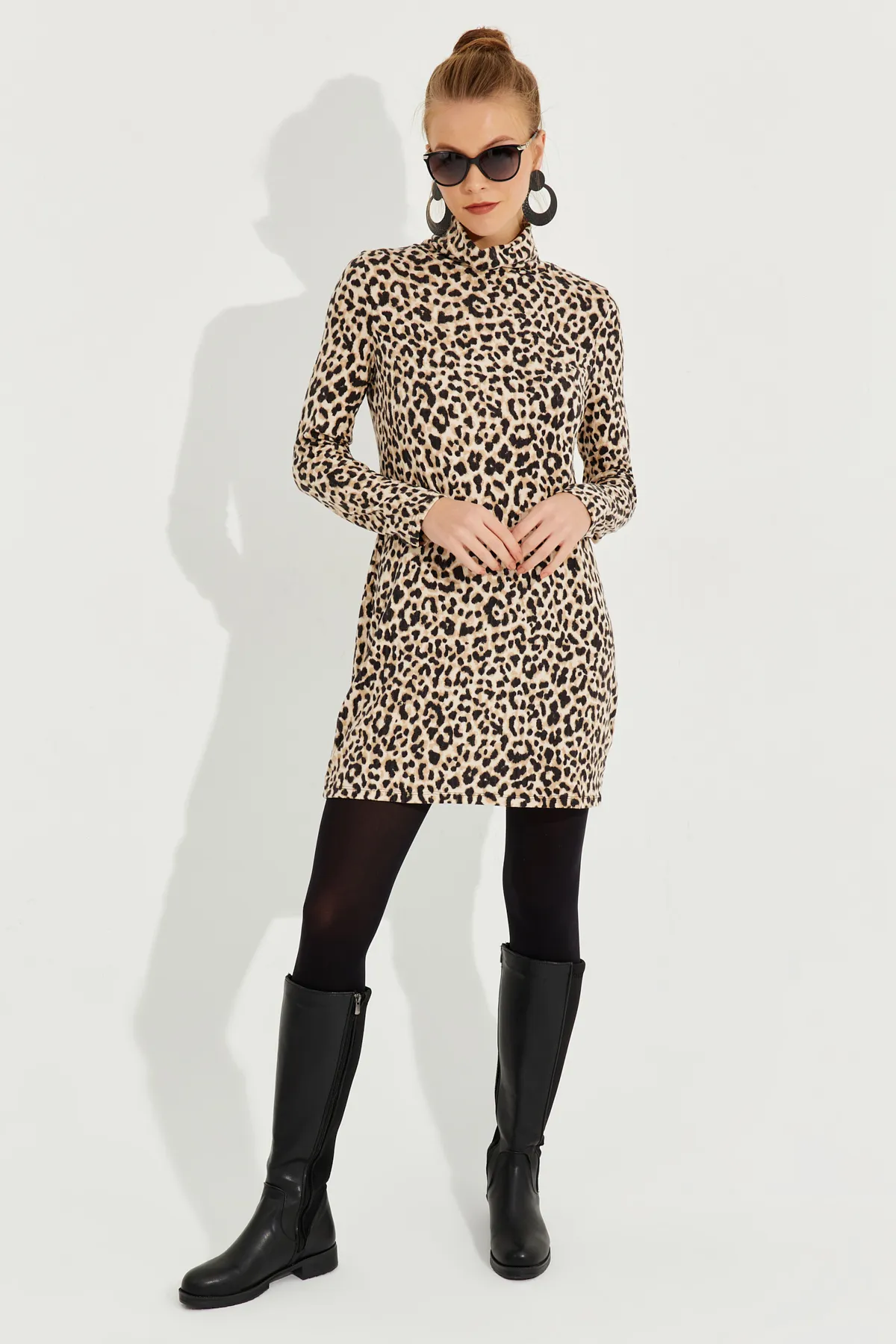 Cool & Sexy  Kamelschwarzes, weiches Leoparden-Minikleid für Damen AYD253