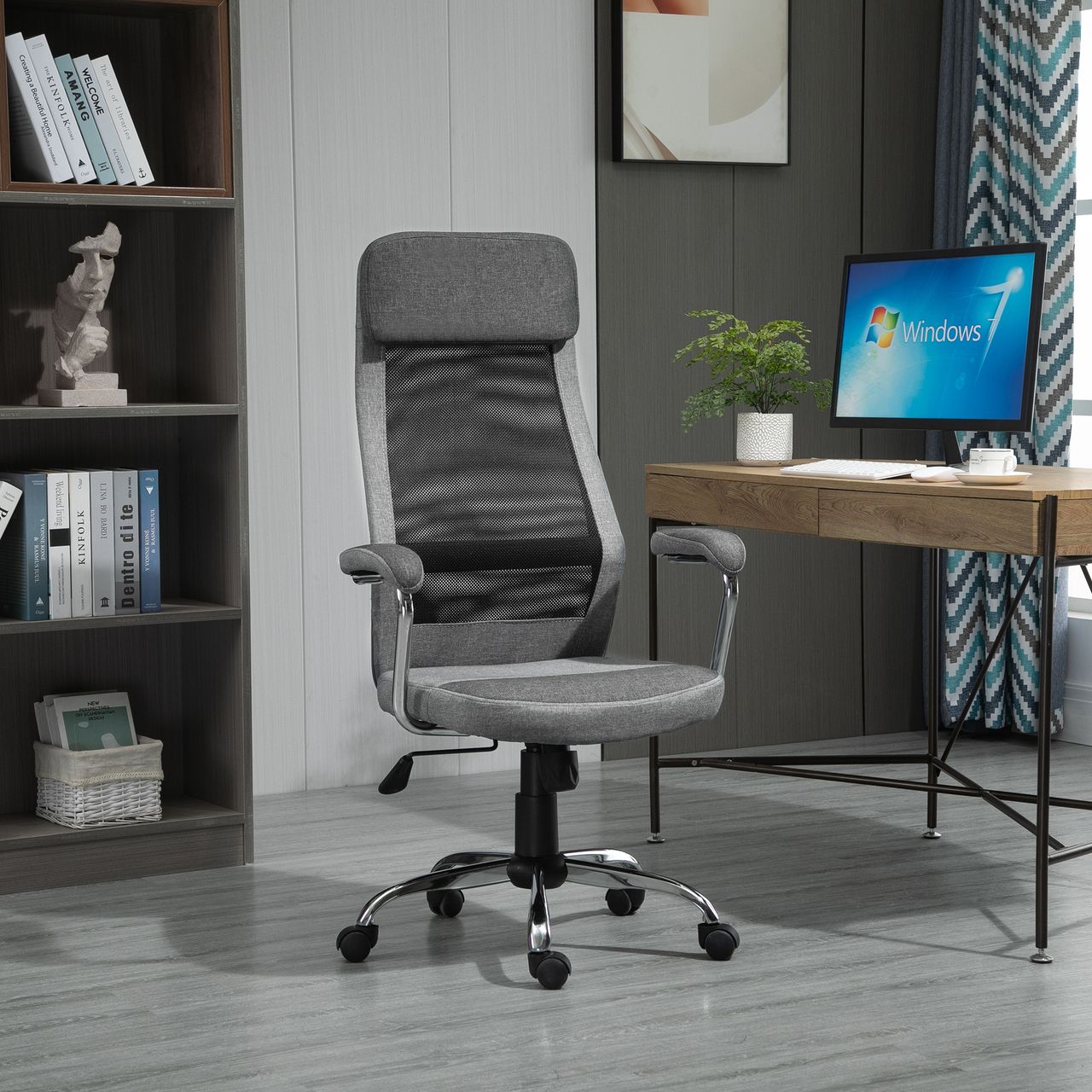 Vinsetto Bürostuhl Computerstuhl ergonomischer Schreibtischstuhl Höhenverstellung und Kopfstütze mit Schaumstoff nordischer Stil hellgrau schwarz 65 x 60 x 119-129 cm