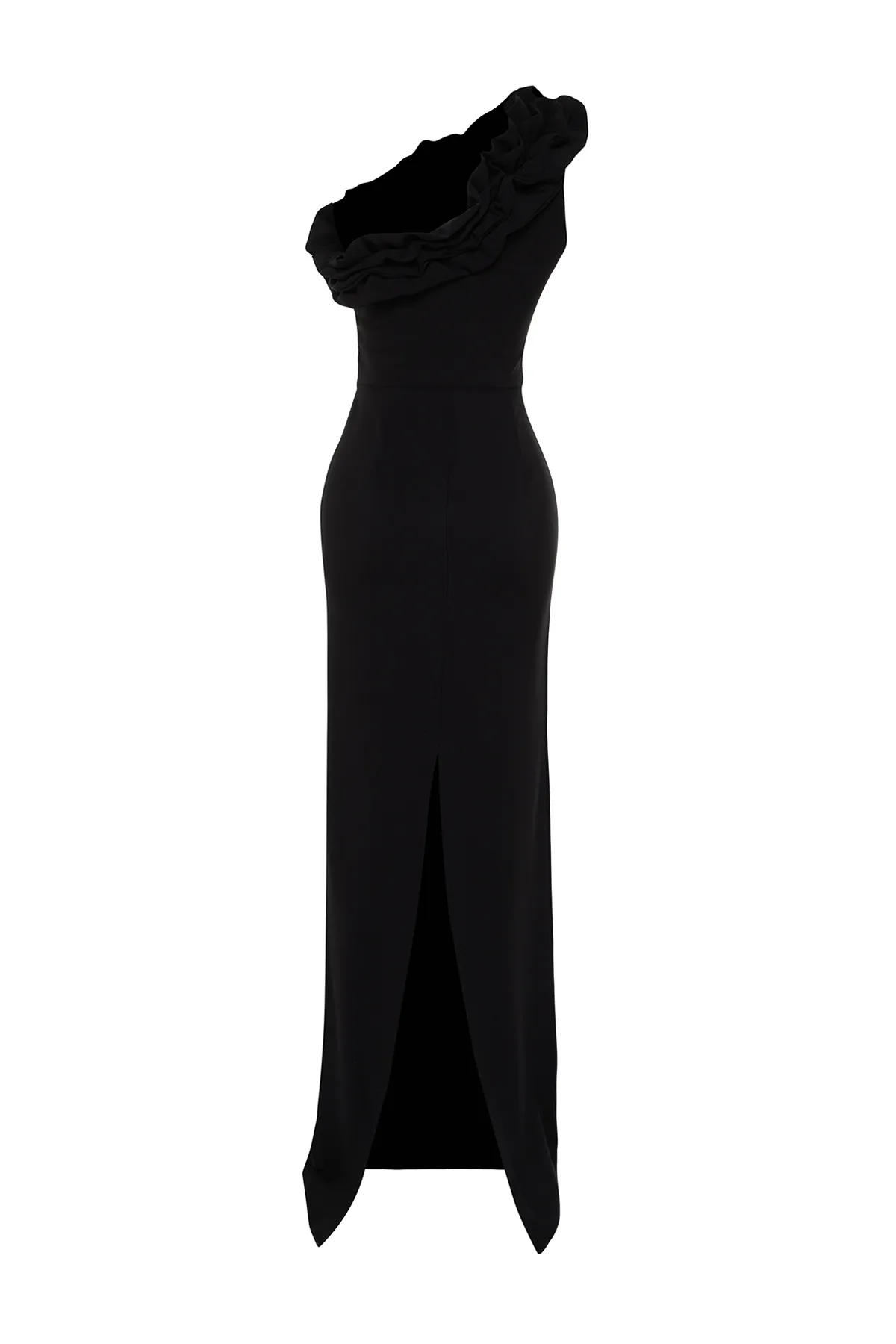 Trendyol Collection  Schwarzes, gewebtes, langes Abendkleid mit Volants TPRSS21AE0044