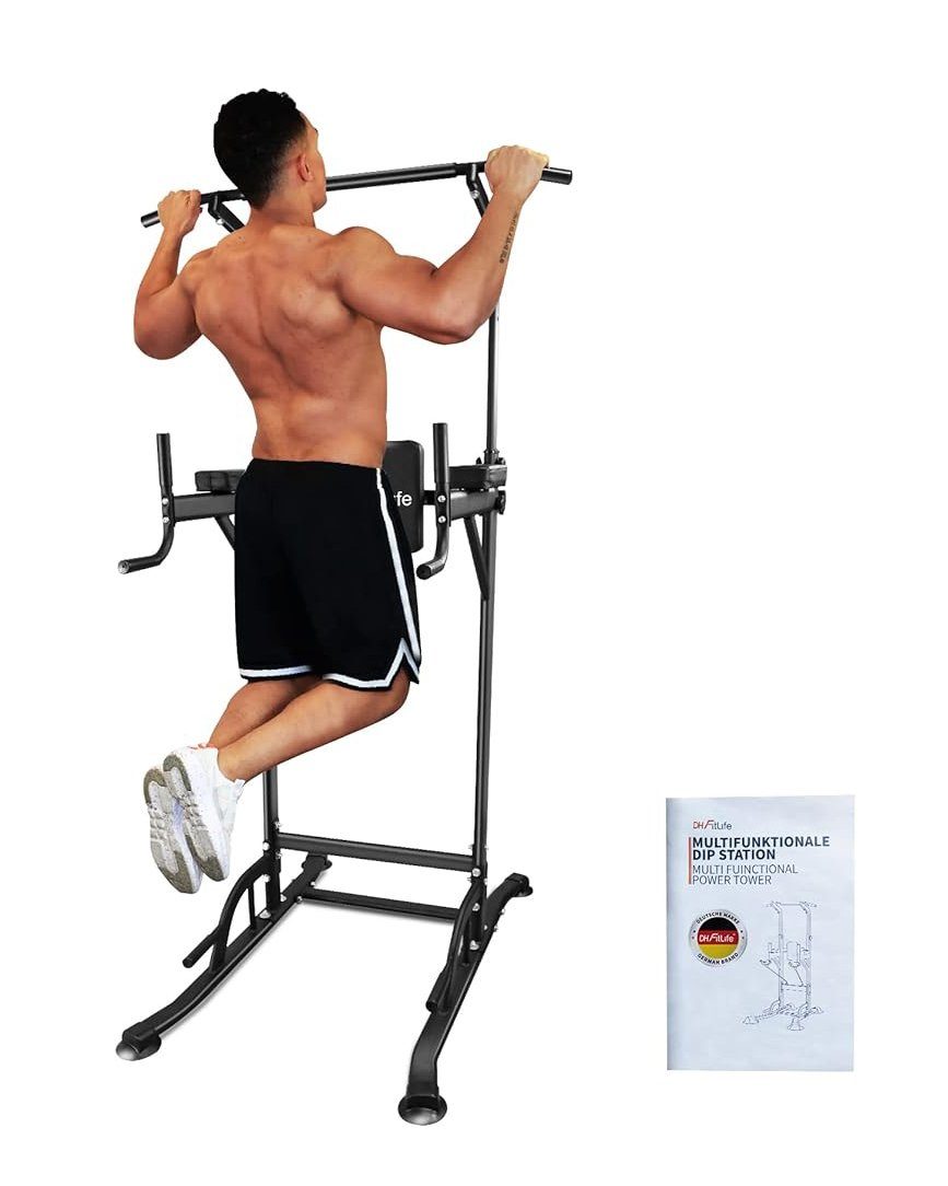 DH FitLife Kraftstation Power Tower Dip Station, (Dip Barren u. Rückentrainer, Sport Geräte mit Klimmzugstange), Kraftstation Kraftturm, Fitness Station, Power Rack for Home Gym