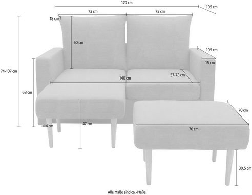 DOMO collection Sofa Slunce, 3 Teile, für Outdoor geeignet, Raumwunder, 2-Sitzer mit 2 Hockern