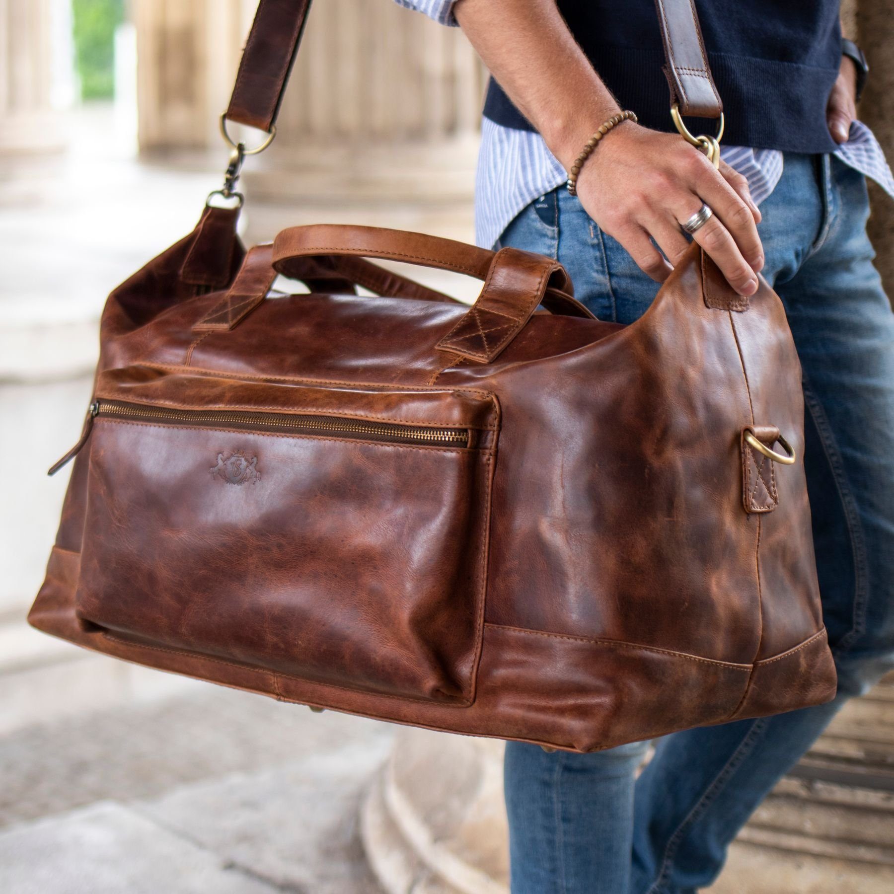 SID & VAIN Reisetasche Leder Weekender Unisex BRIXTON, Echtleder Reisegepäck für Damen & Herren, Sporttasche XL braun