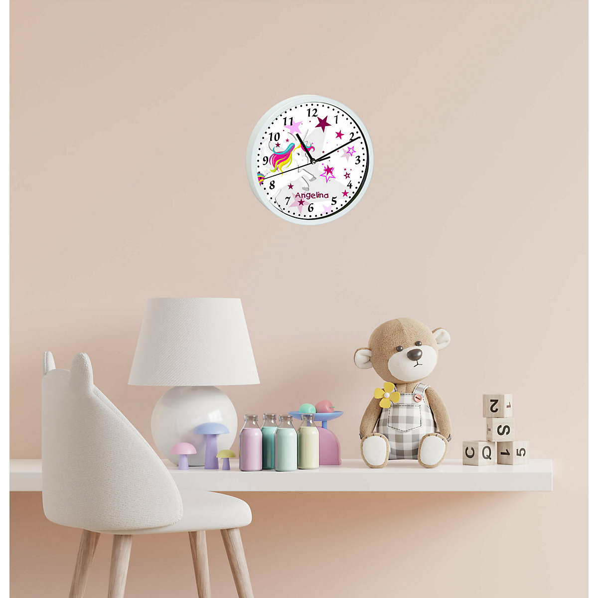 Kinder Wanduhr personalisiert mit Name Pegasus Sterne Rosa
