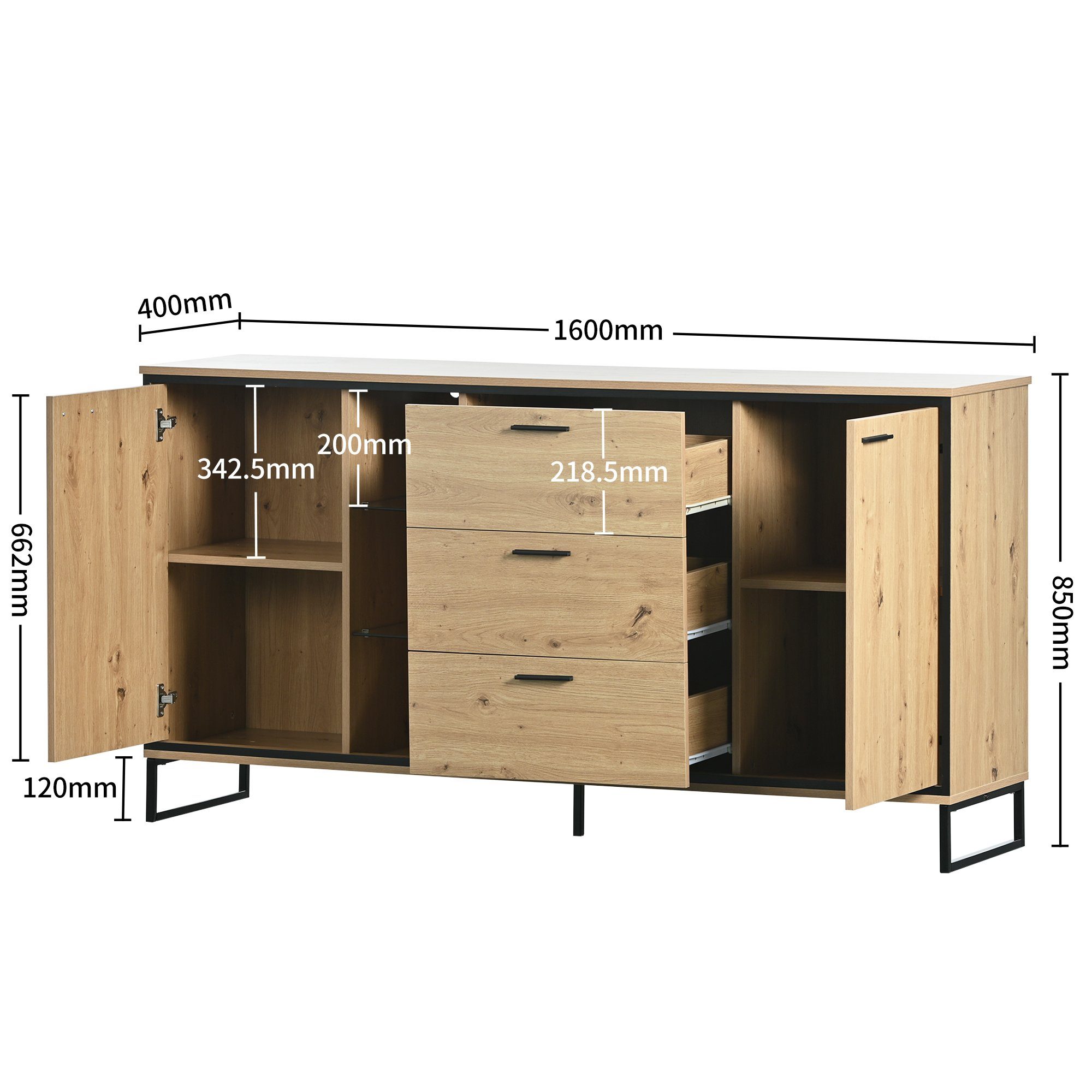 Merax Sideboard mit LED-Beleuchtung und Glasablagen, Kommode Holz mit großem Stauraum und verstellbare Einlegeböden