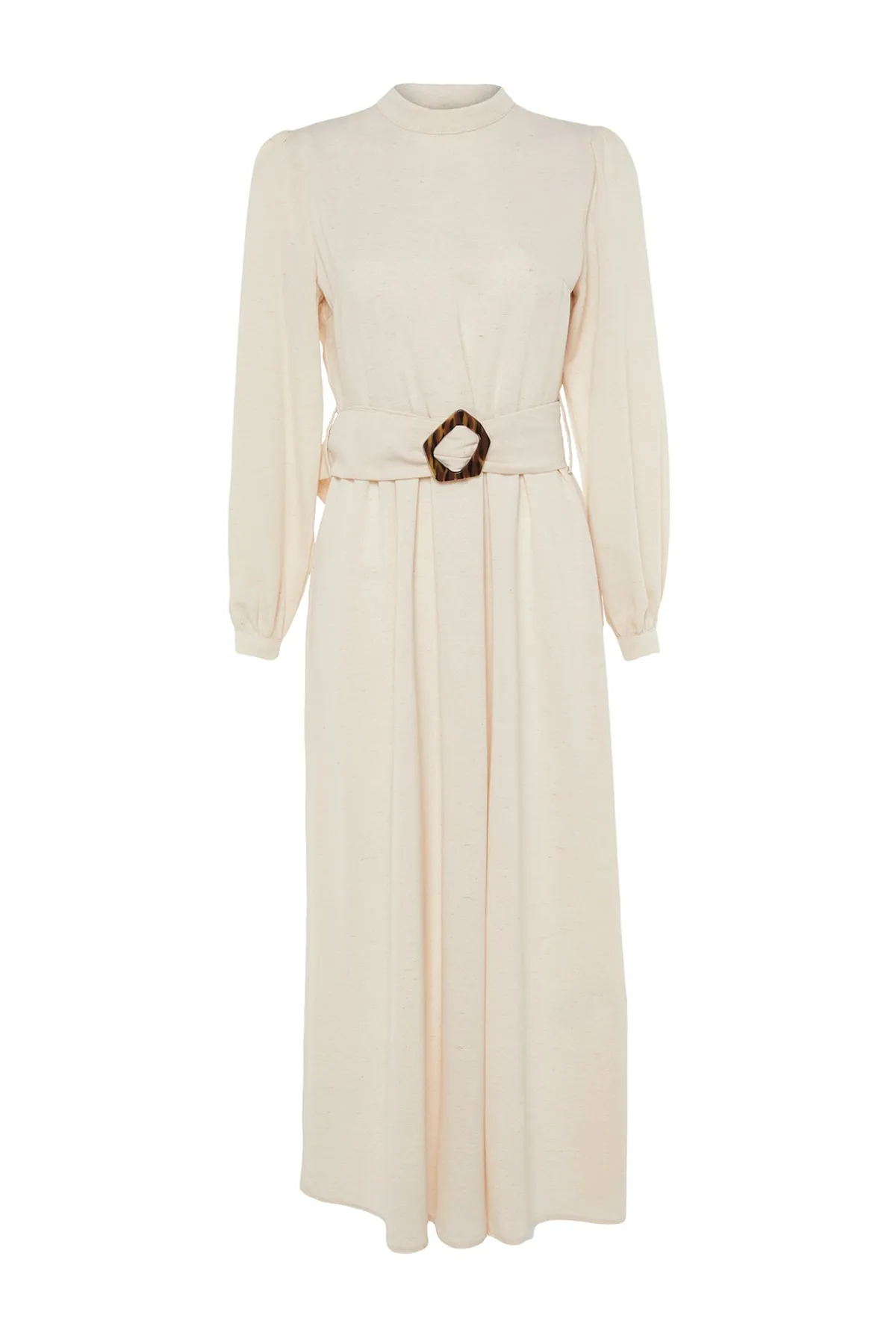 Trendyol Modest  Ecrufarbenes, gewebtes Kleid in Leinenoptik mit Gürtel und Stehkragen TCTSS23EB00018