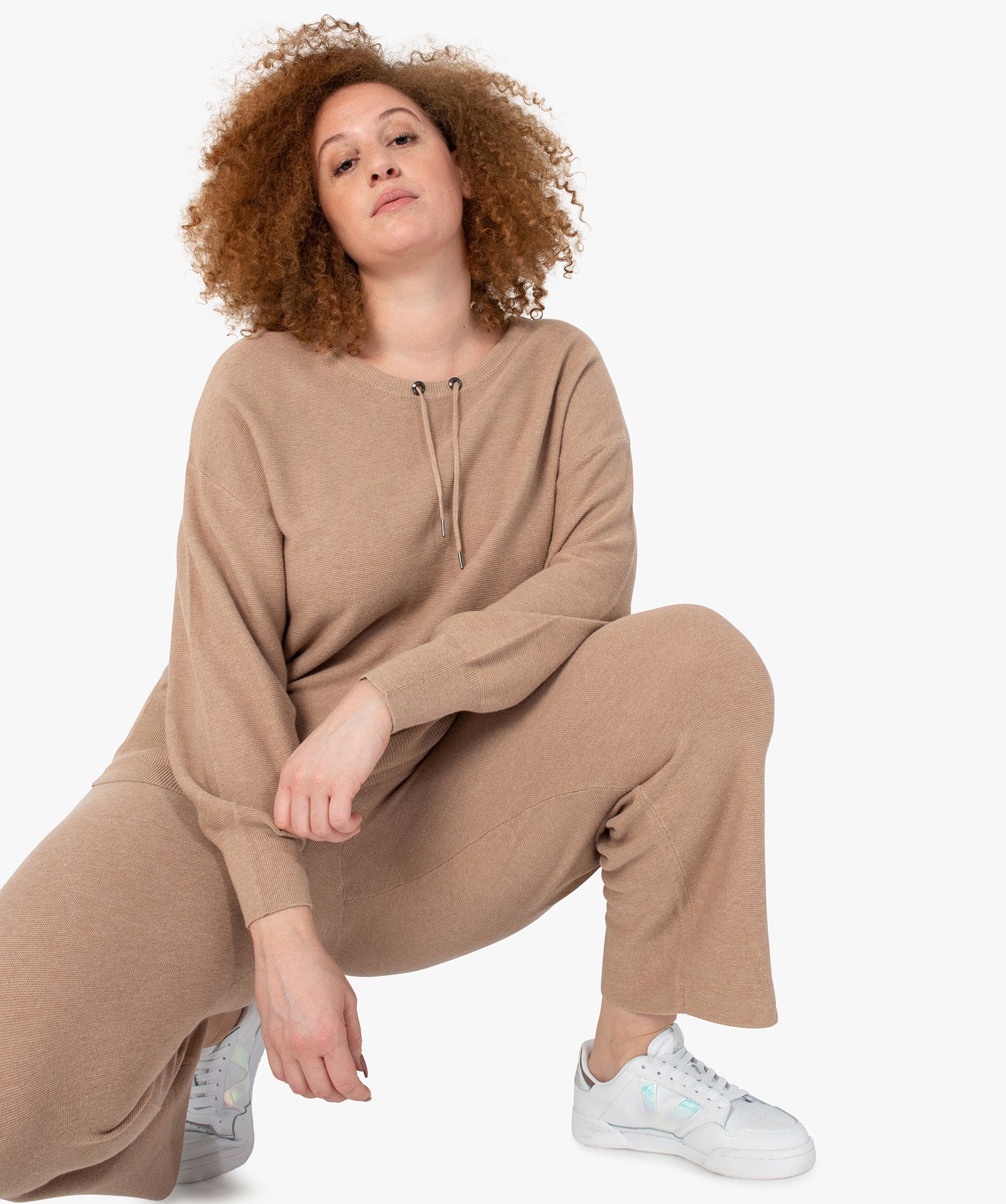 Pantalon femme grande taille en maille souple avec large cei... beige fonce | GEMO