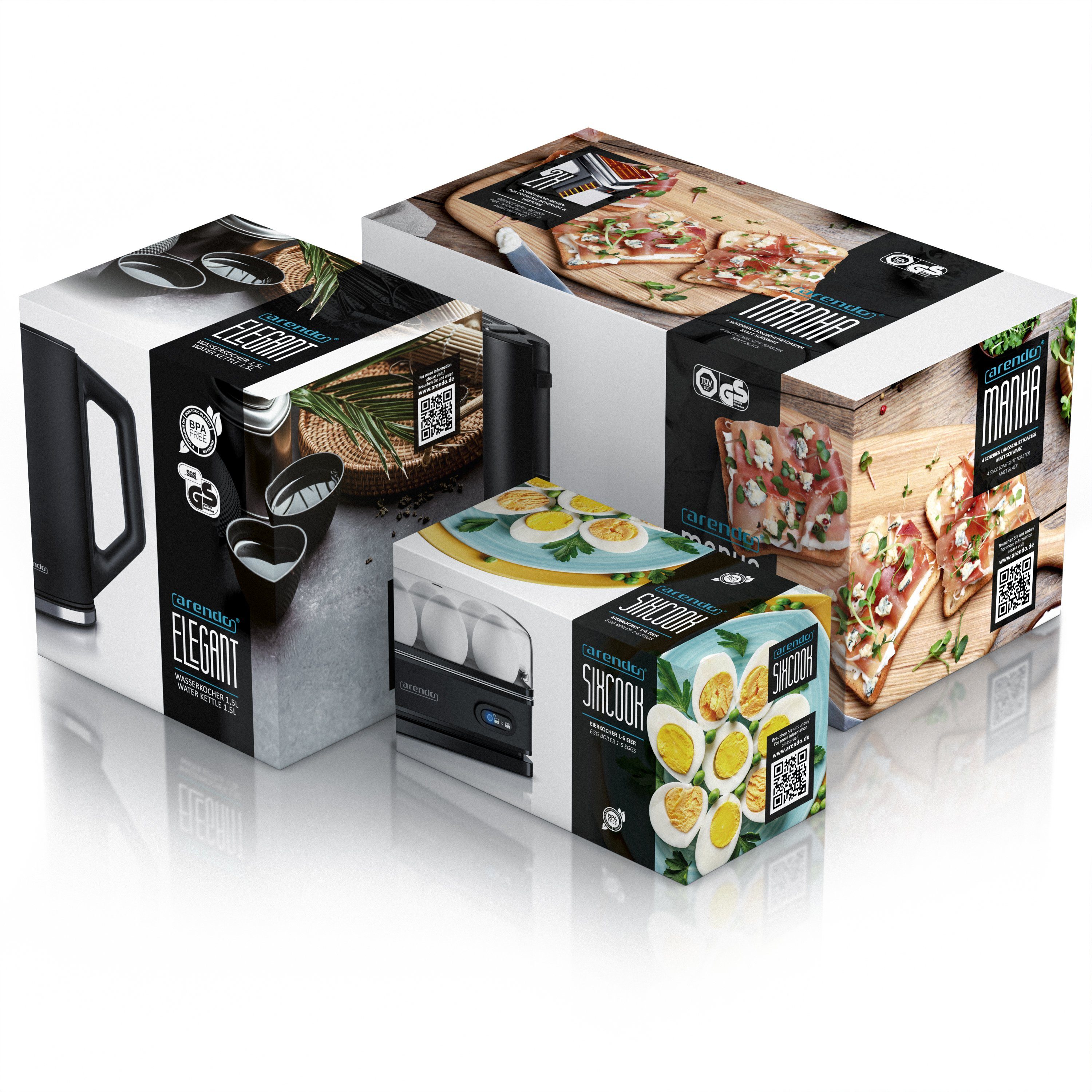 Arendo Frühstücks-Set (3-tlg), Wasserkocher 1,5l, 4-Scheiben Toaster, 6er Eierkocher, Schwarz