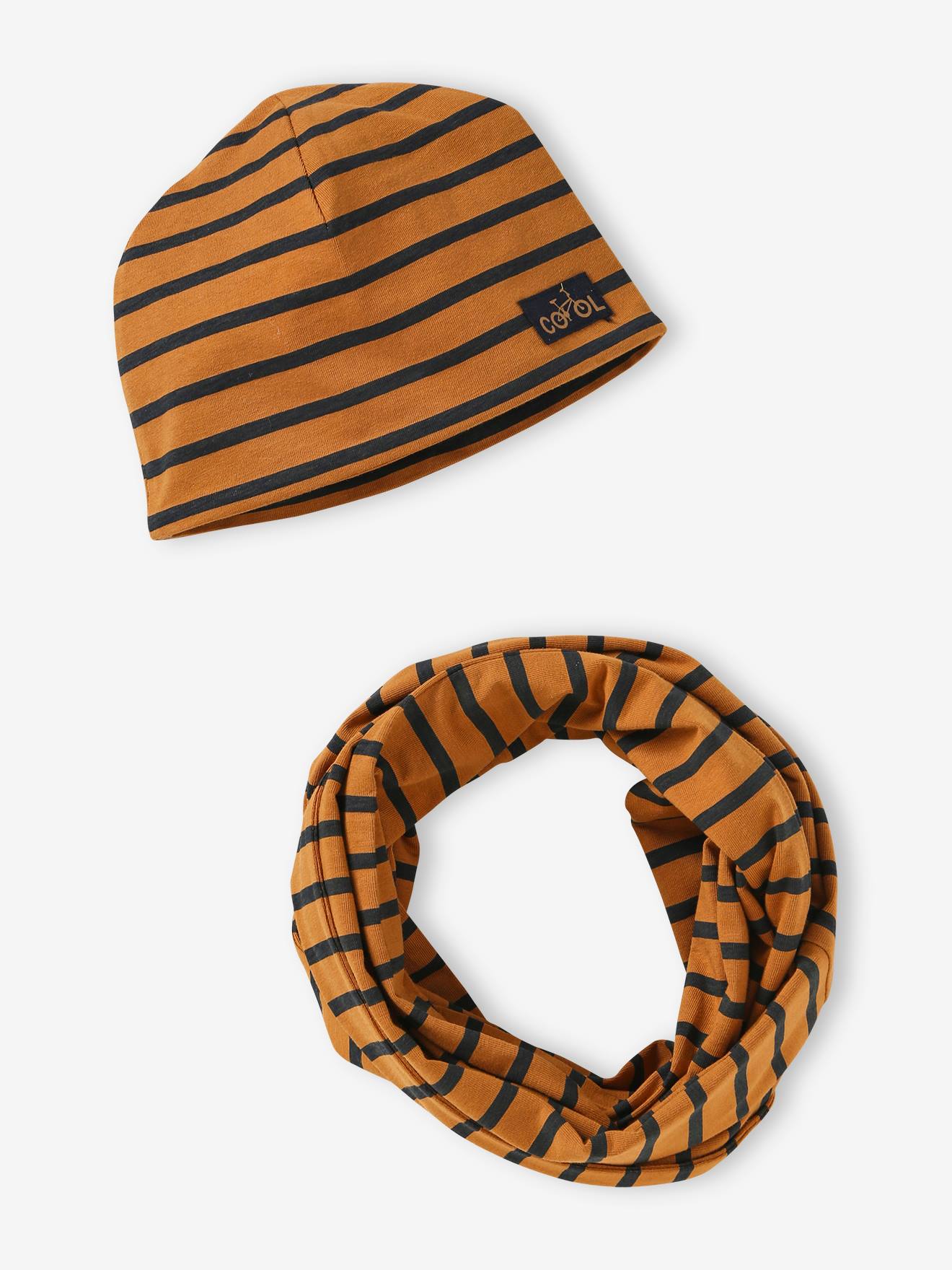 Ensemble rayé garçon bonnet + snood ocre