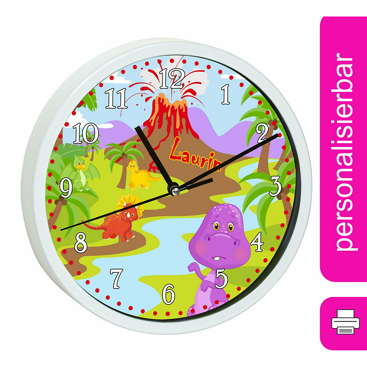 Kinder Wanduhr personalisiert mit Name Dino