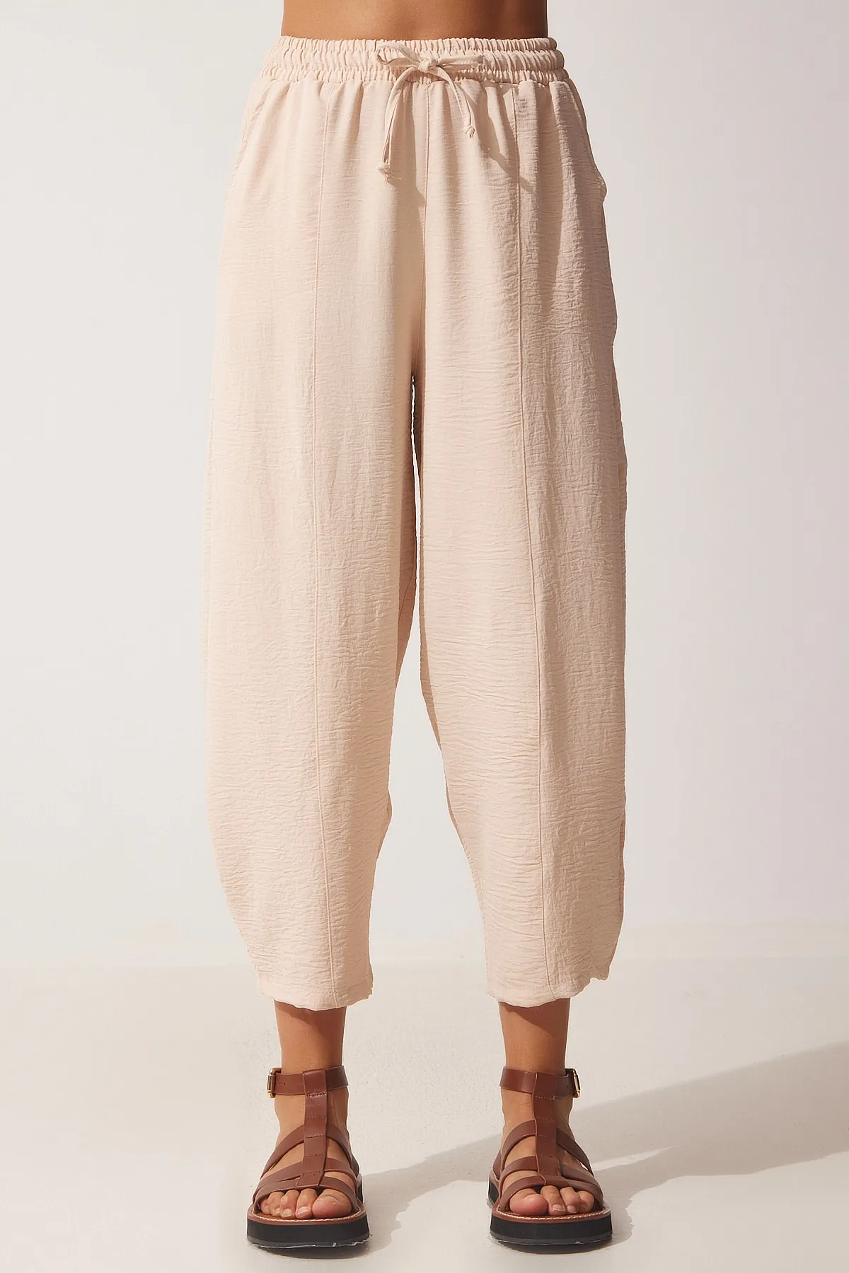Happiness İstanbul  Shalwar-Hose aus hellcremefarbenem Leinen für Damen CI00036