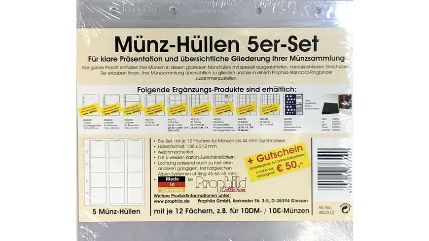 PROPHILA 5 numismatische Prophila Münzhüllen für 10DM/10EURO