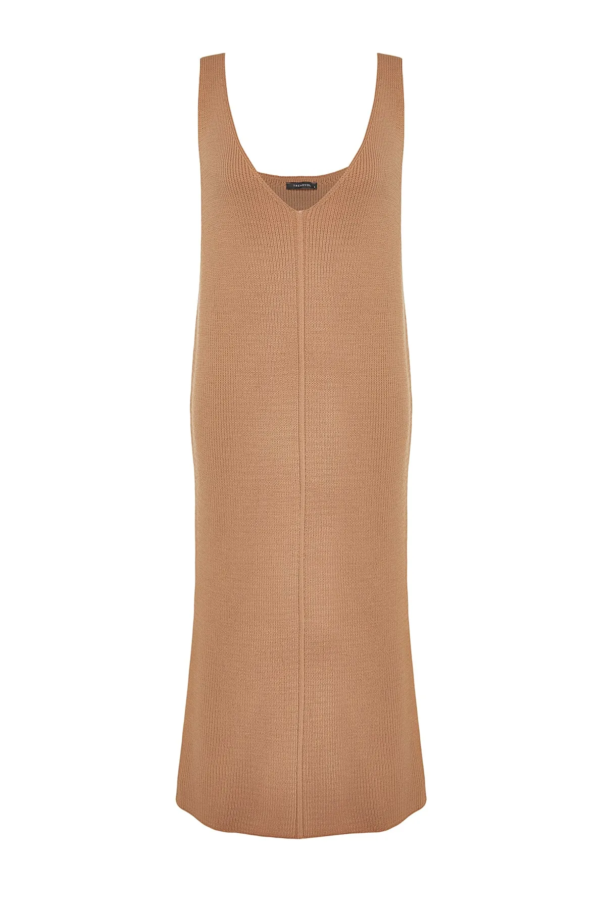 Trendyol Collection  Beiges Maxi-Strickkleid mit V-Ausschnitt TWOAW24EL00011