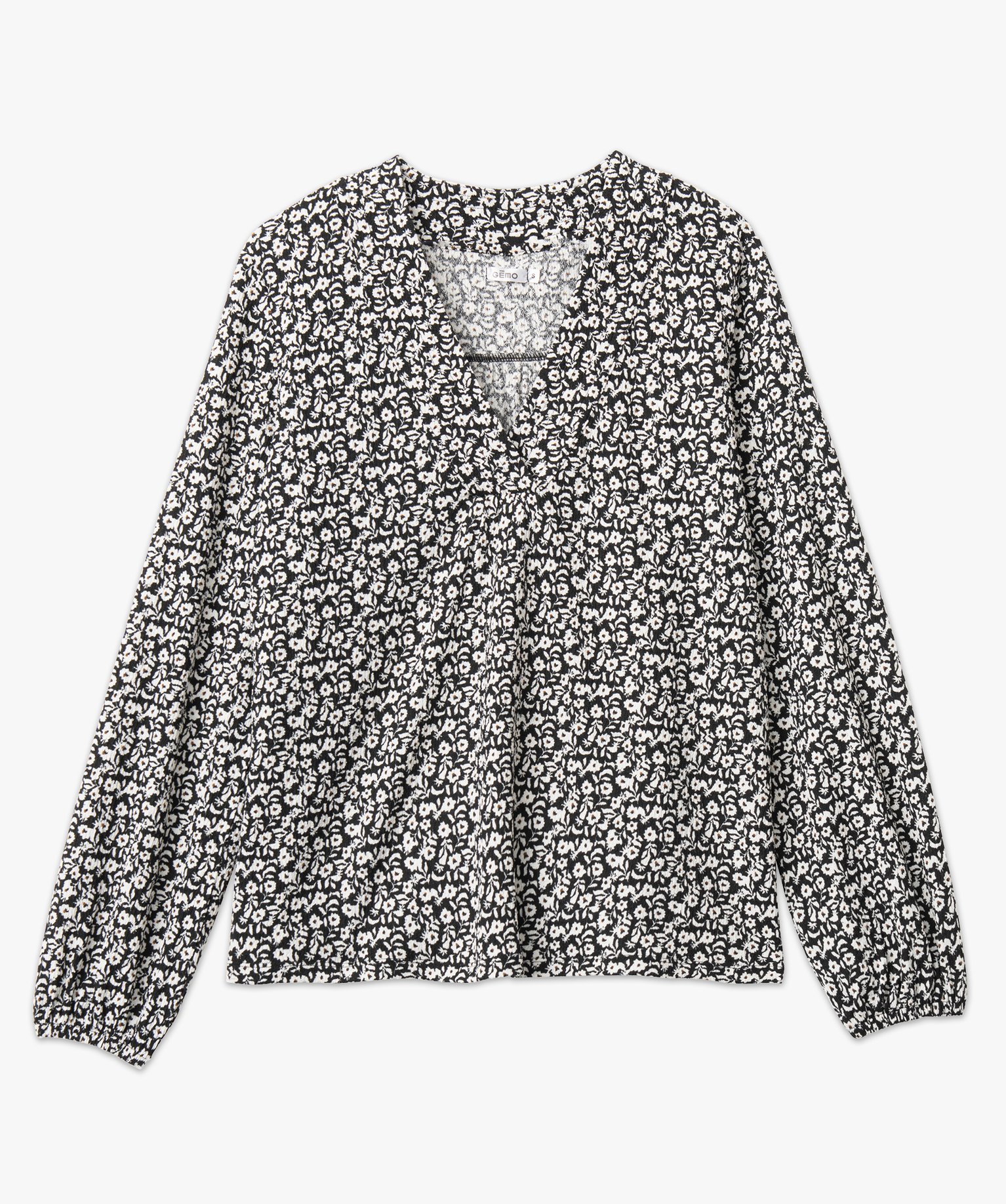Tee-shirt à manches longues et col V à motifs fleuris femme noir | GEMO