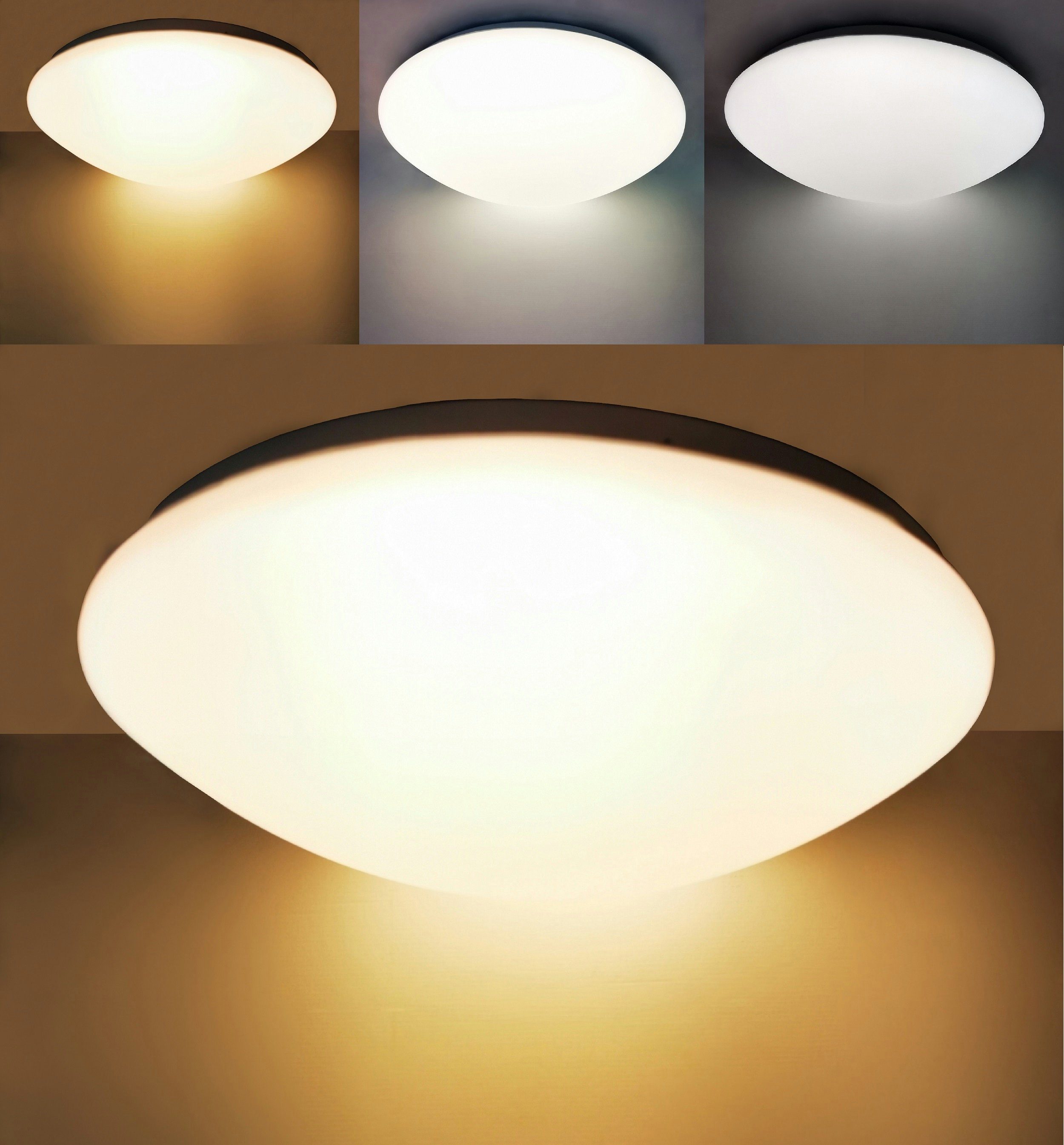 TRANGO LED Deckenleuchte, CCT, 3105 Modern IP44 LED Deckenstrahler 43cm Ø mit CCT Farbtemperatur-Steuerung (durch ON/OFF Lichtschalter) Lichtfarbe 3000K I 4000K I 6000K in Rund *NOAH* inkl. 1x 20 Watt LED Modul - weißes Acryl Lampenschirm, warmweiß,