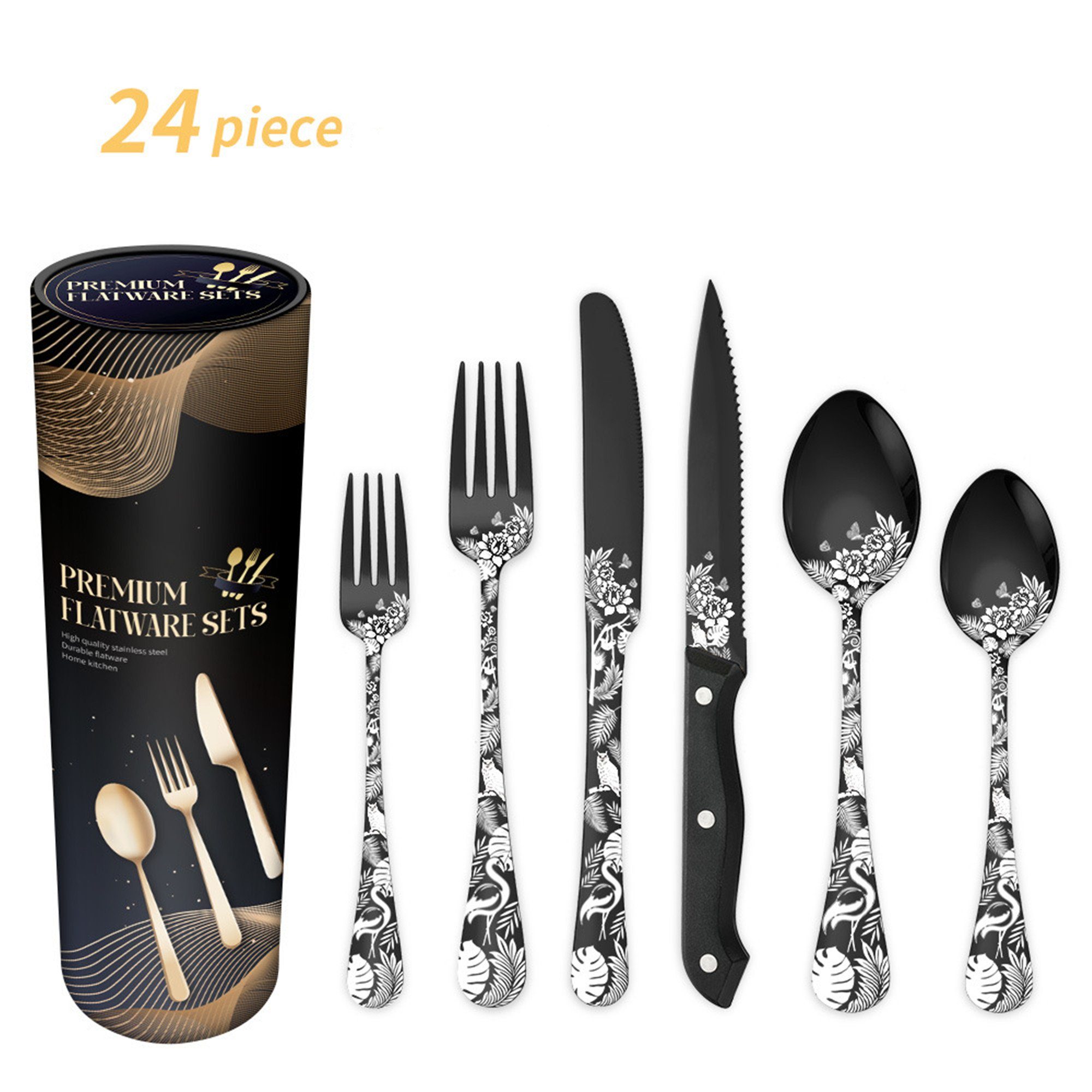 Tisoutec Besteck-Set Besteck-Set für 6 Personen, 24 teilig Essbesteck Set inkl. Messer, Besteck Edelstahl Spiegelpoliert,Steakbesteck, Spülmaschinenfest