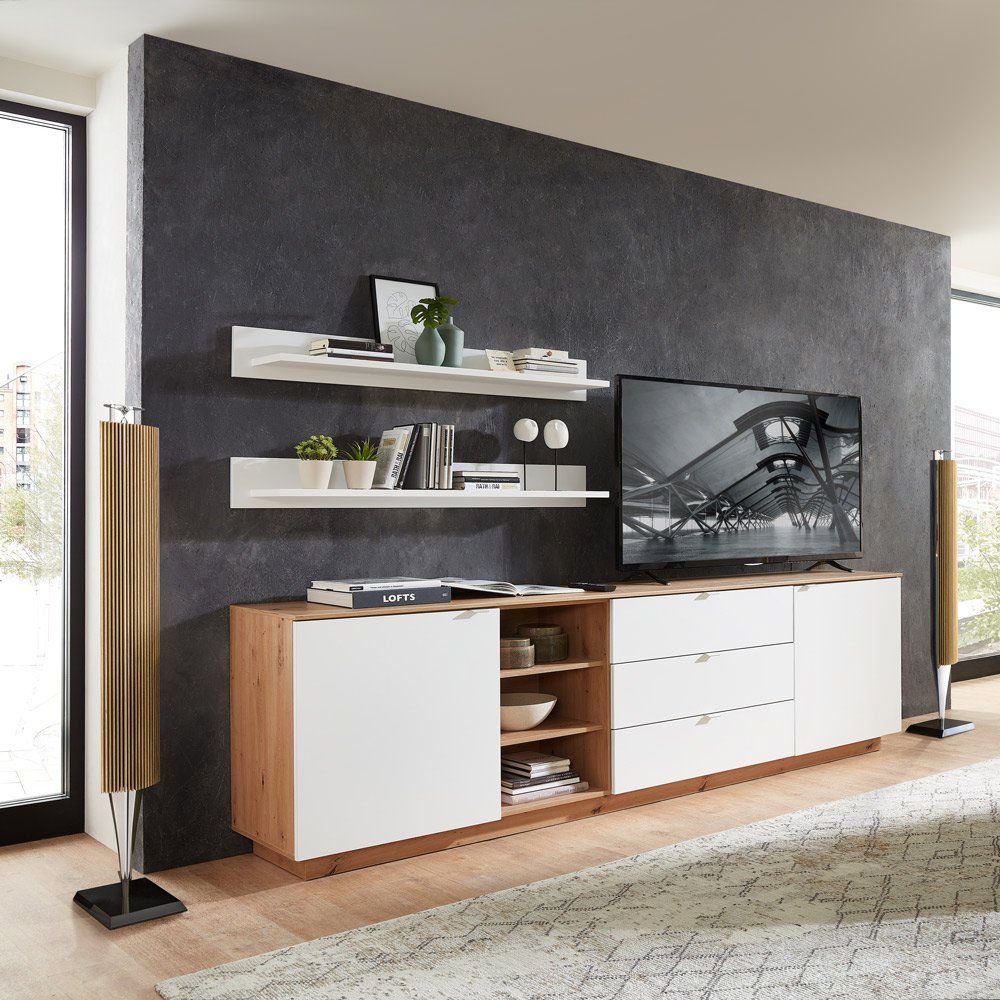 Lomadox Wohnwand CUST-36, (3-St., 3-tlg), Set mit 2 Wandboards Eiche mit weiß 240 cm, Wohnwand, Fernsehschrank