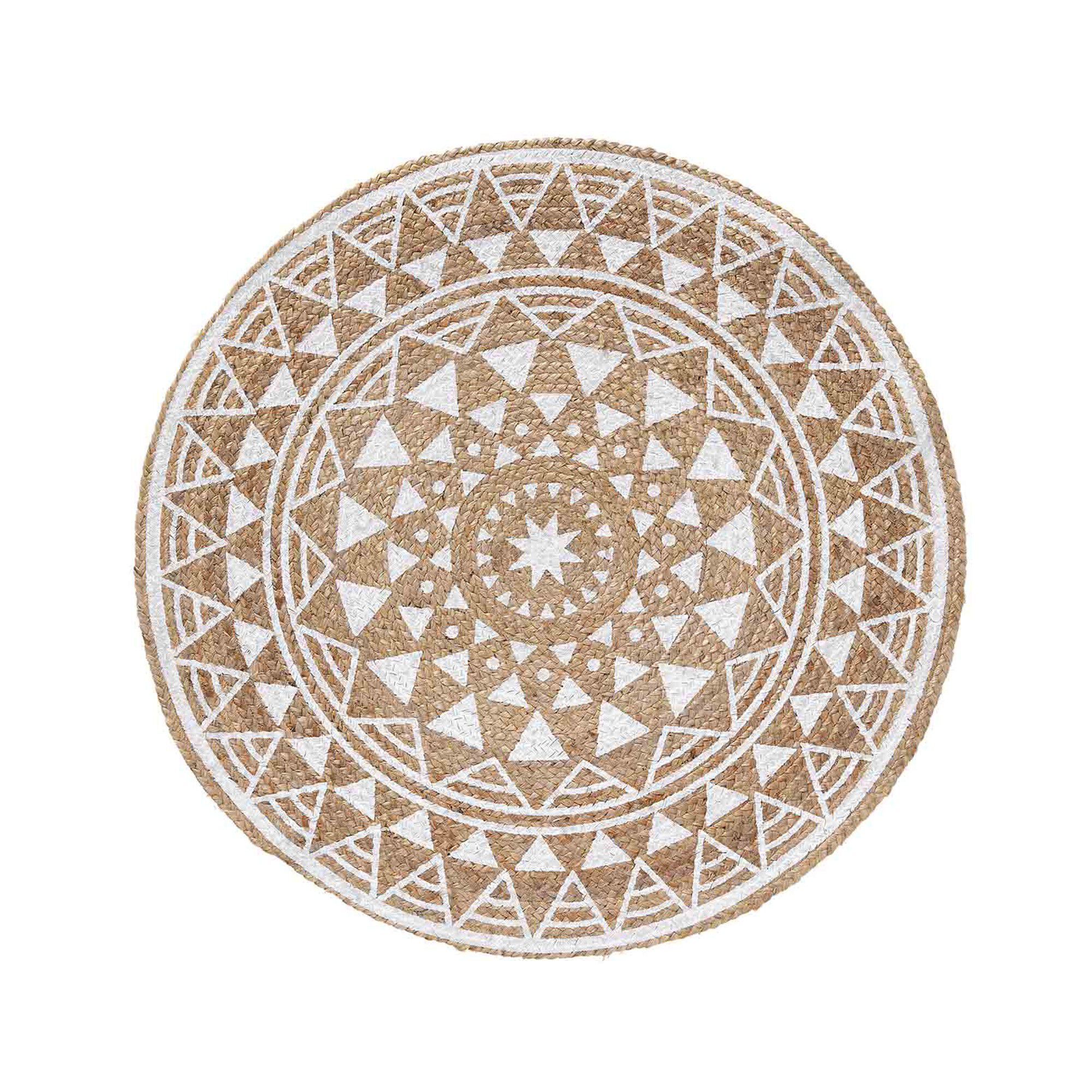 Tapis rond en jute imprimé blanc