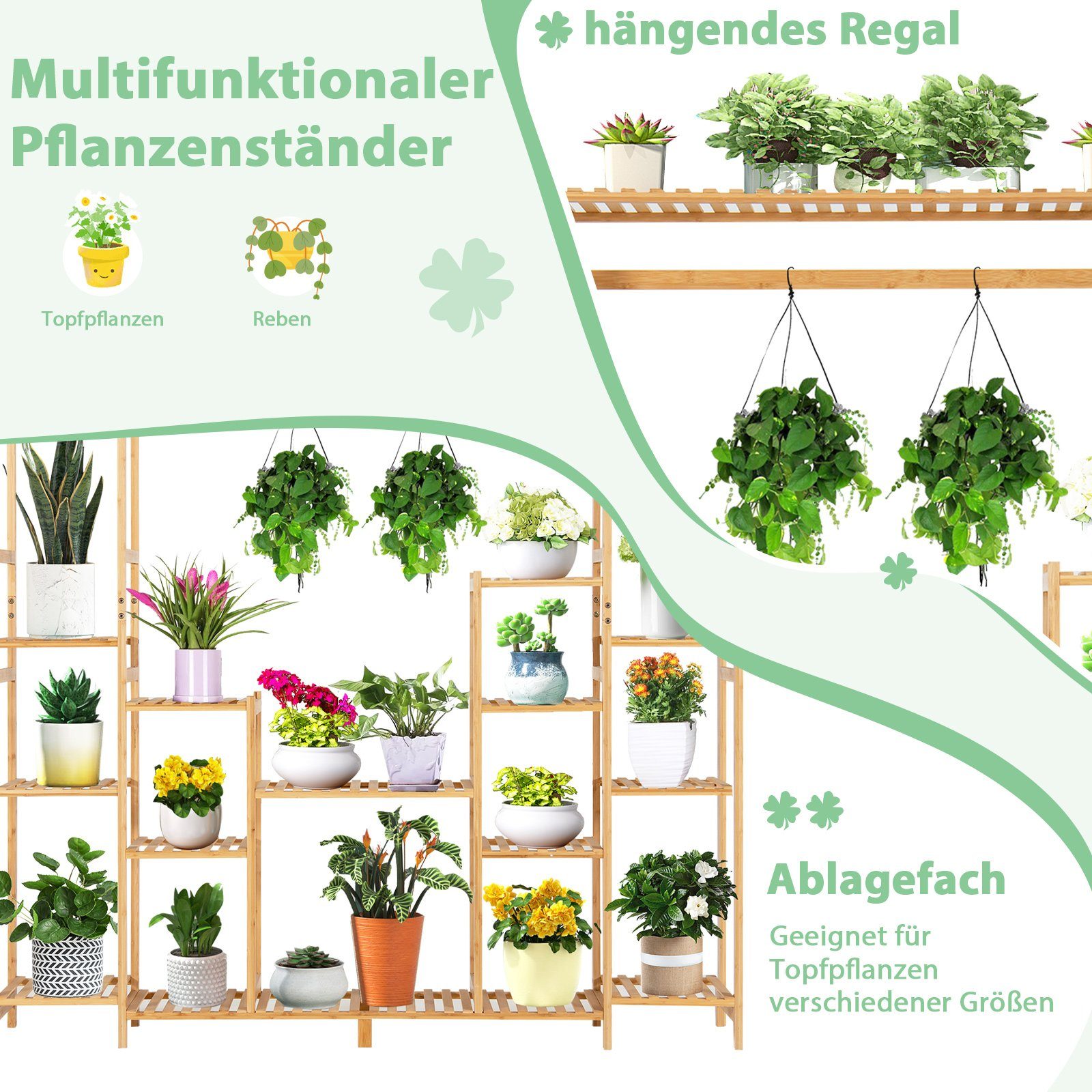 COSTWAY Pflanzentreppe, mit 9 Ebenen & Hängegestell, aus Bambus 167x30x166cm