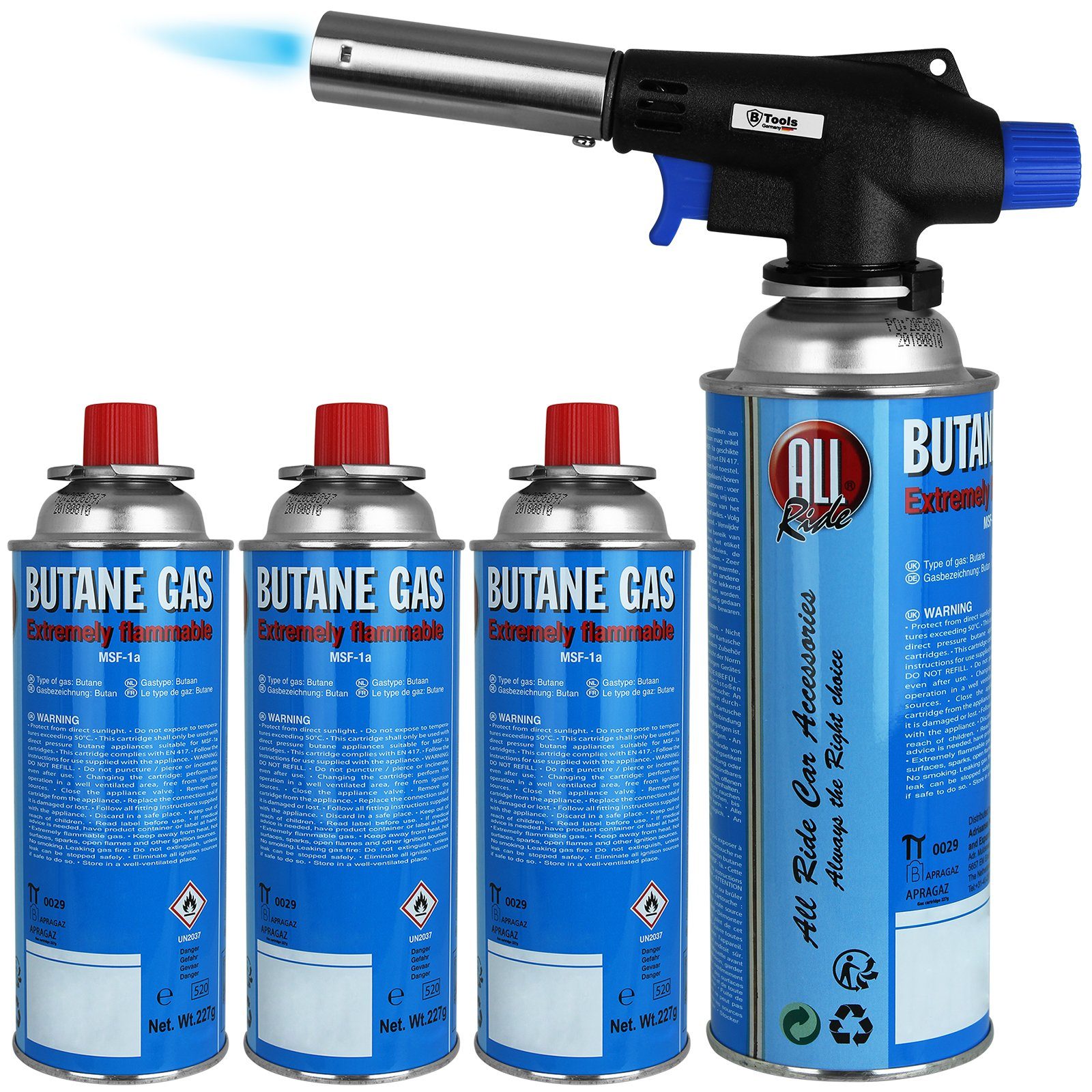 Bahama Warenvertriebs GmbH Flambierbrenner Brenneraufsatz inkl. 4 Gaskartuschen Butan, Brenner Bunsenbrenner Gas Gasbrenner Flambiergerät