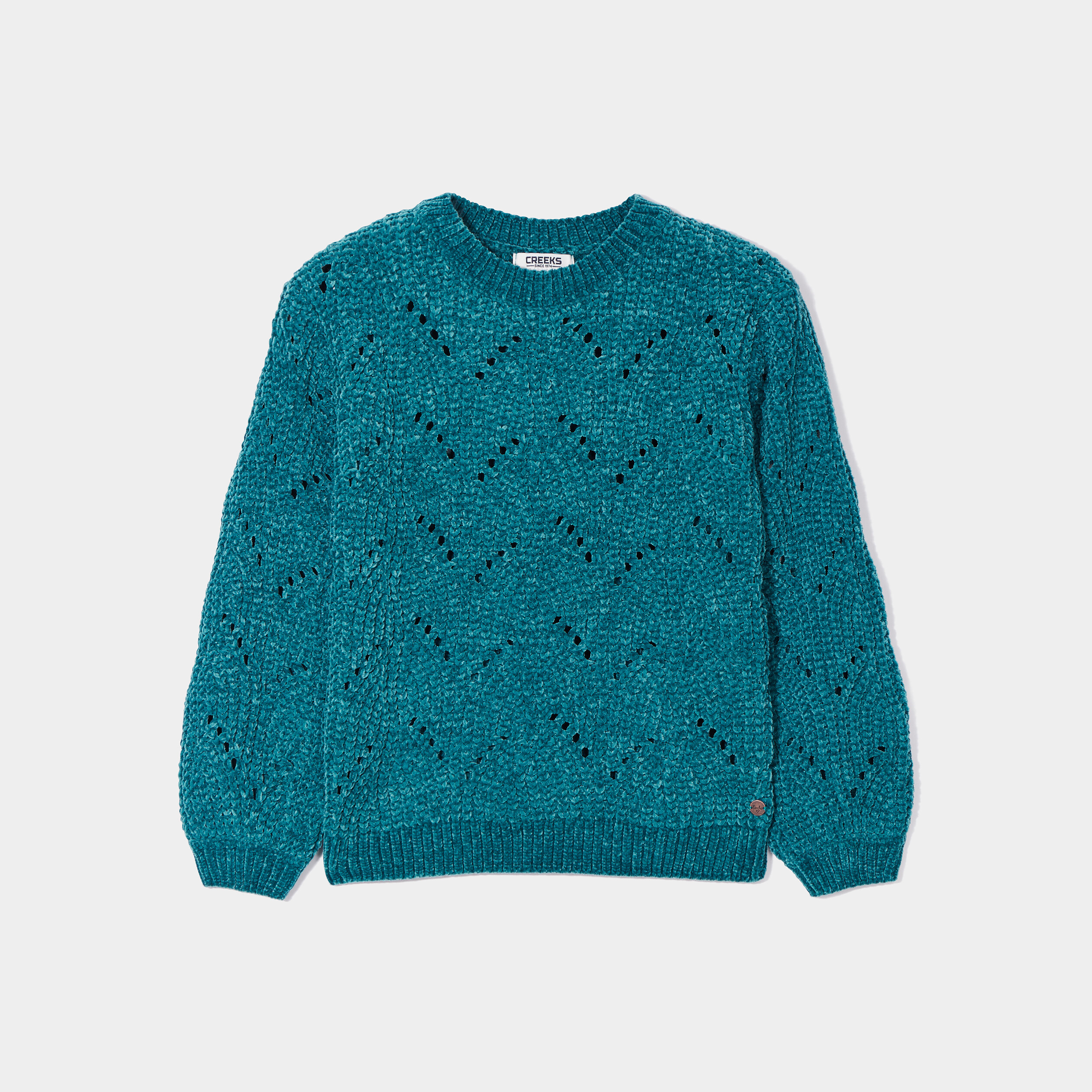 Pull col rond détails ajourés Creeks vert canard fille | La Halle