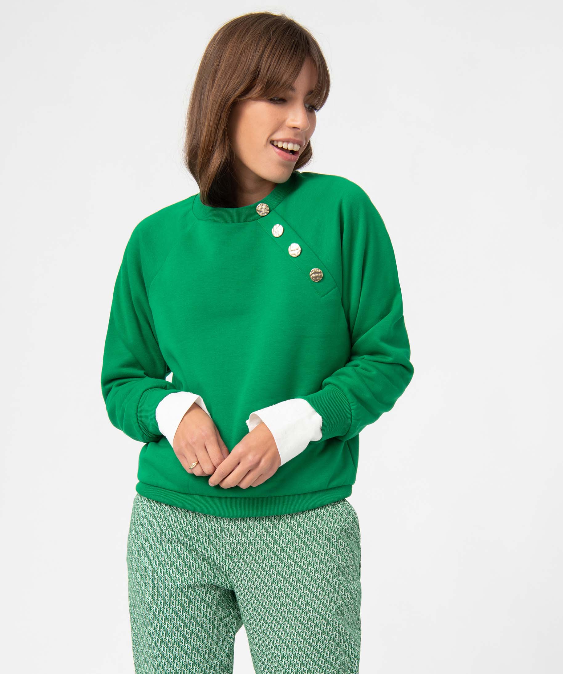 Sweat femme avec manches raglan et boutons fantaisie vert | GEMO