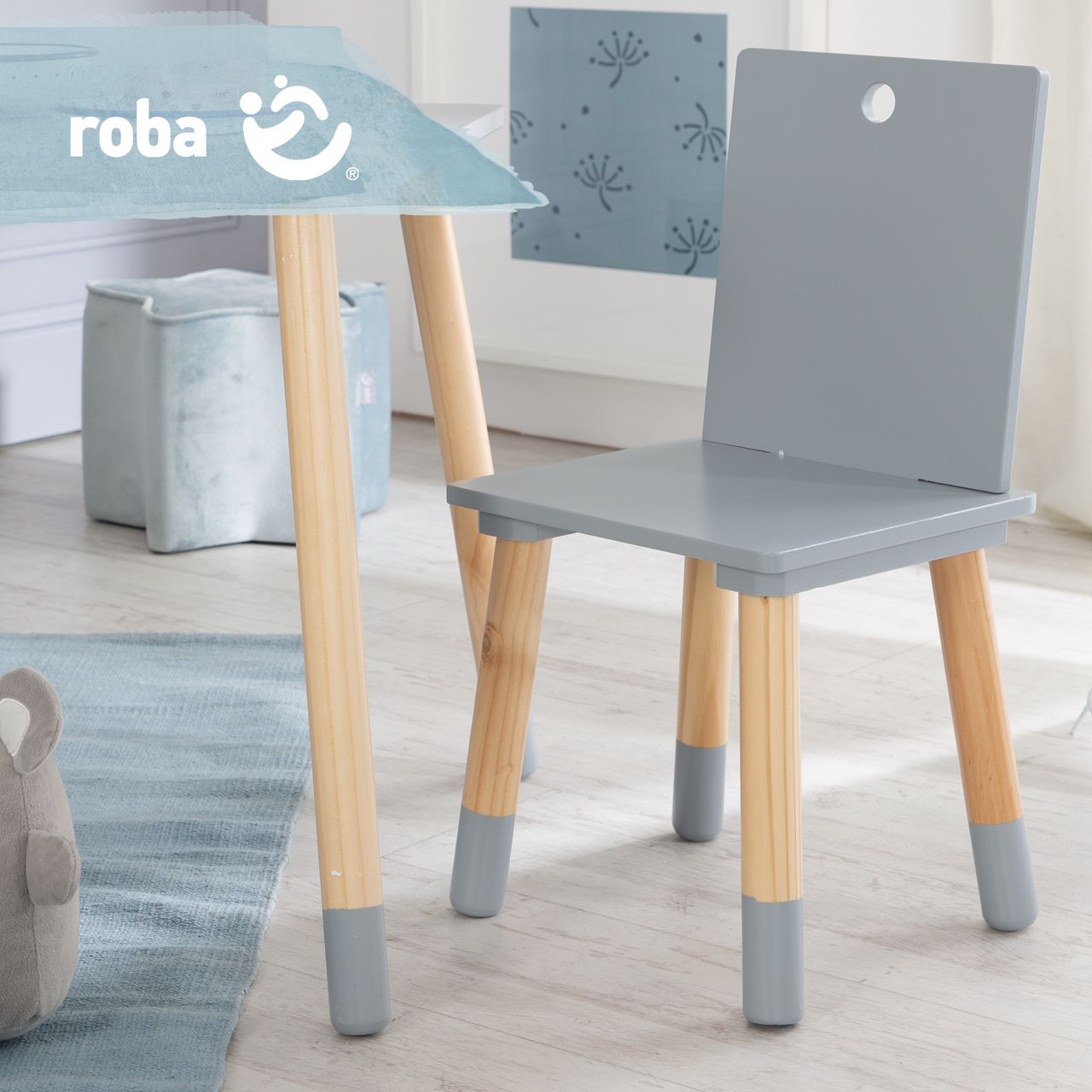 Roba Kindersitzgruppe, Kindermöbel Set, 2 Kinderstühle & 1 Tisch, Sitzgarnitur Holz, grau lackiert