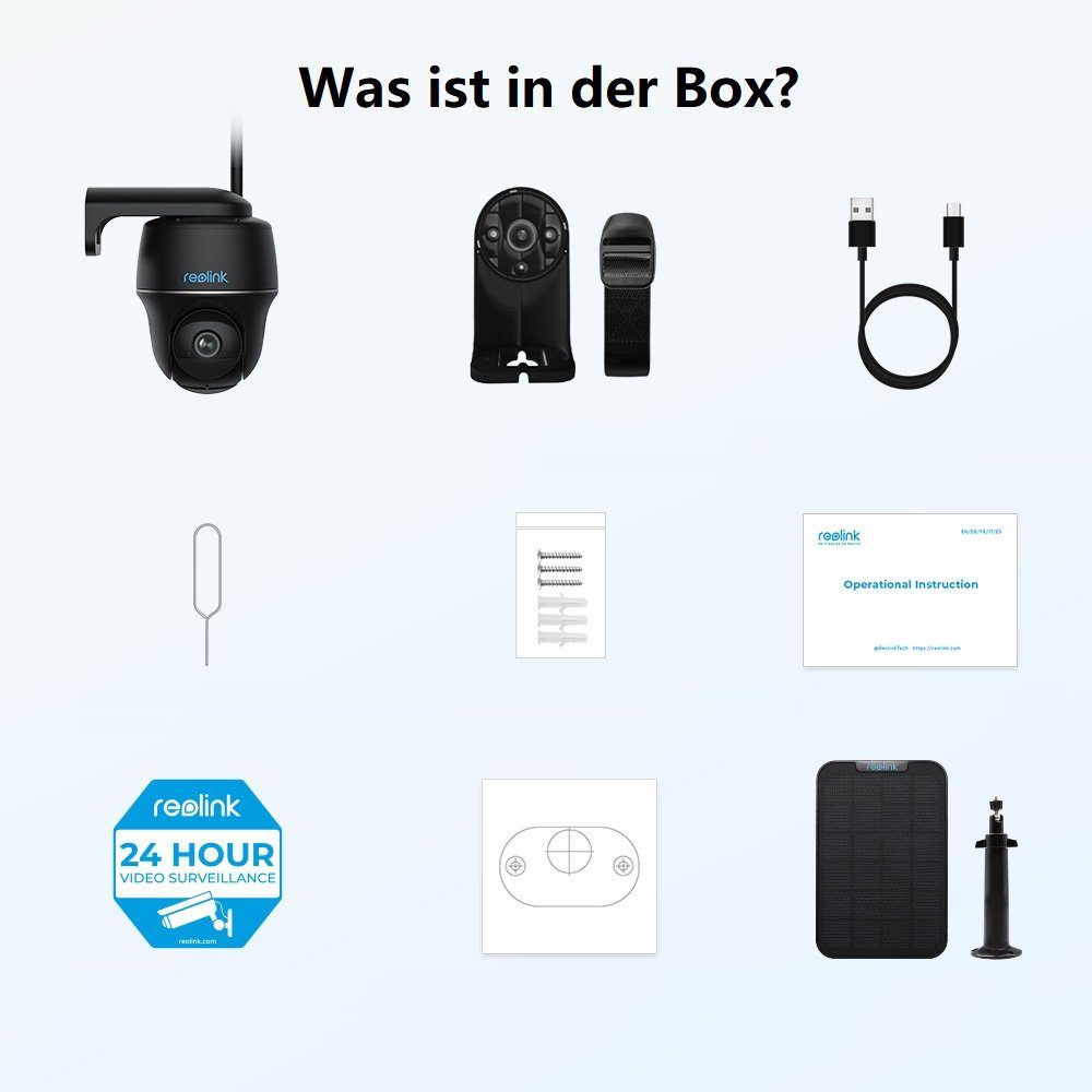 Reolink Argus PT Pro+SP 4MP PTZ Akku- oder solarbetriebene 2,4/5GHz WLAN IP Überwachungskamera (Außenbereich, PIR-Erkennung, IR-Nachtsicht, Could-Speicherung)