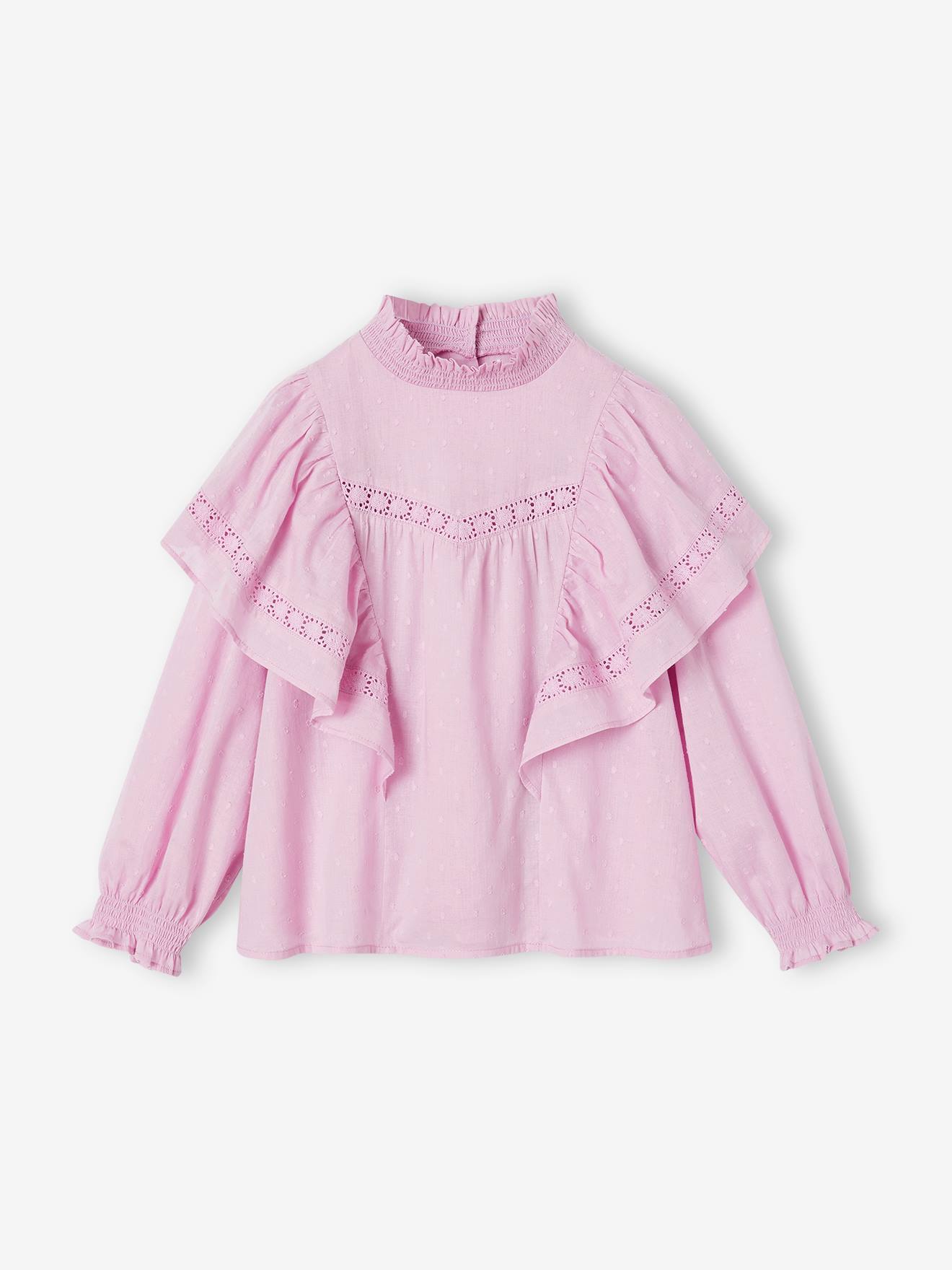 Blouse en plumetis fille maxi volants brodés fille lilas