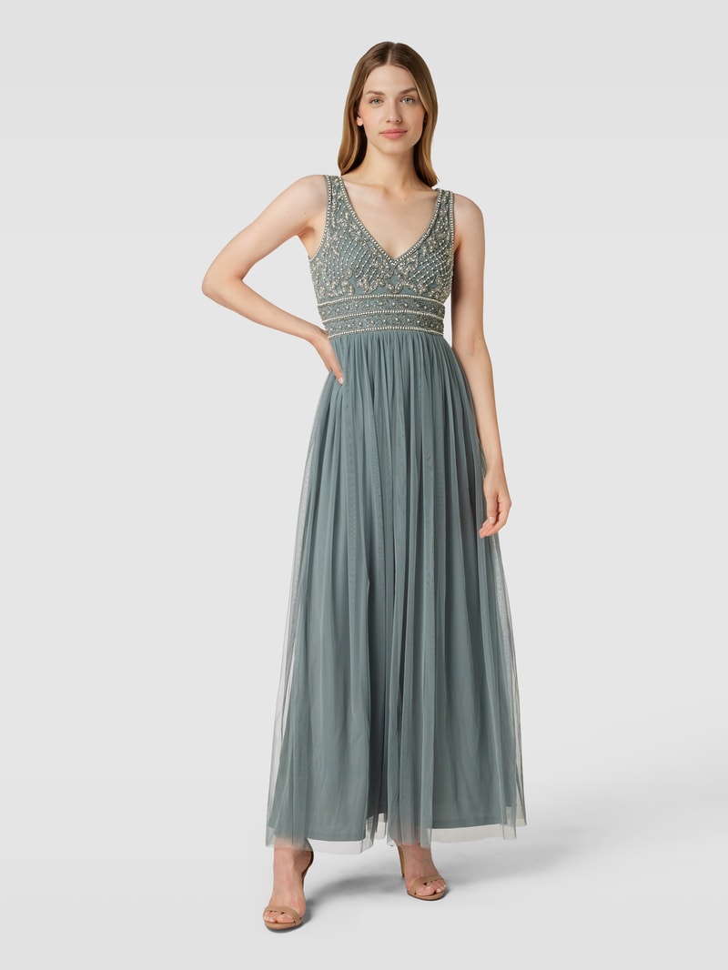 Abendkleid mit Perlen- und Ziersteinbesatz in dunkelgrau