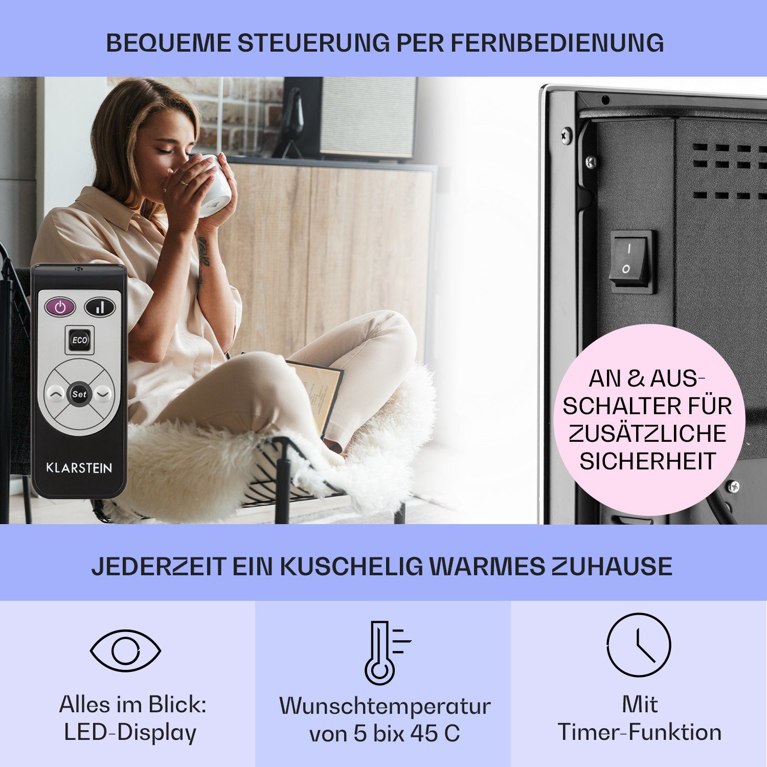 Klarstein Heizstrahler Bornholm, 2000 W, Konvektorheizung elektrisch Elektrokoheizung energiesparend Heizkörper