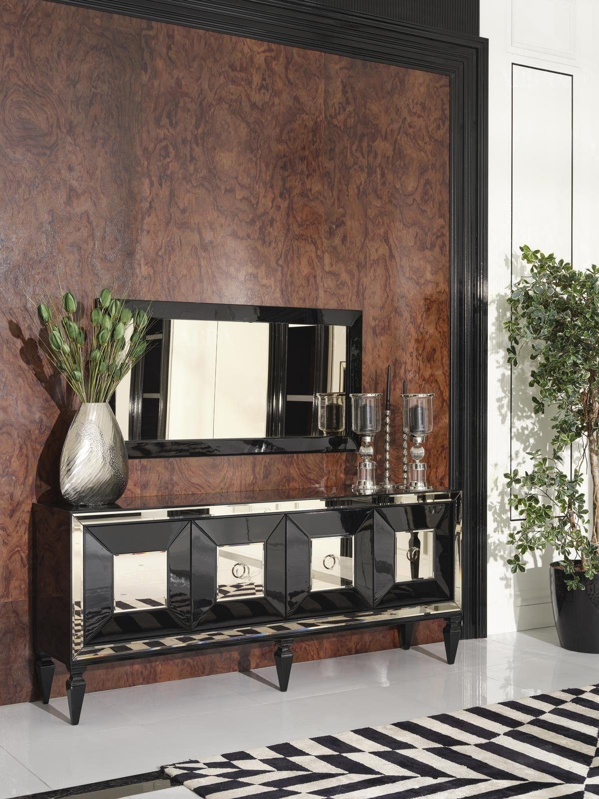 JVmoebel Esszimmer-Set Großes Essecke Essgruppe Esszimmer Esstisch Stühle 10tlg Schwarz Holz, (10-St., 1x Esstisch+6x Stühle+1x Sideboard+1x Spiegel+1x Barschrank), Made in Europa