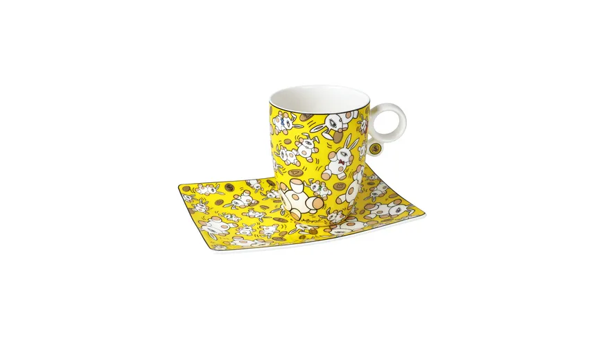 Goebel Künstlertasse mit Untertasse Mauro Bergonzoli - Magic Bunny Gold gelb, mehrfarbig