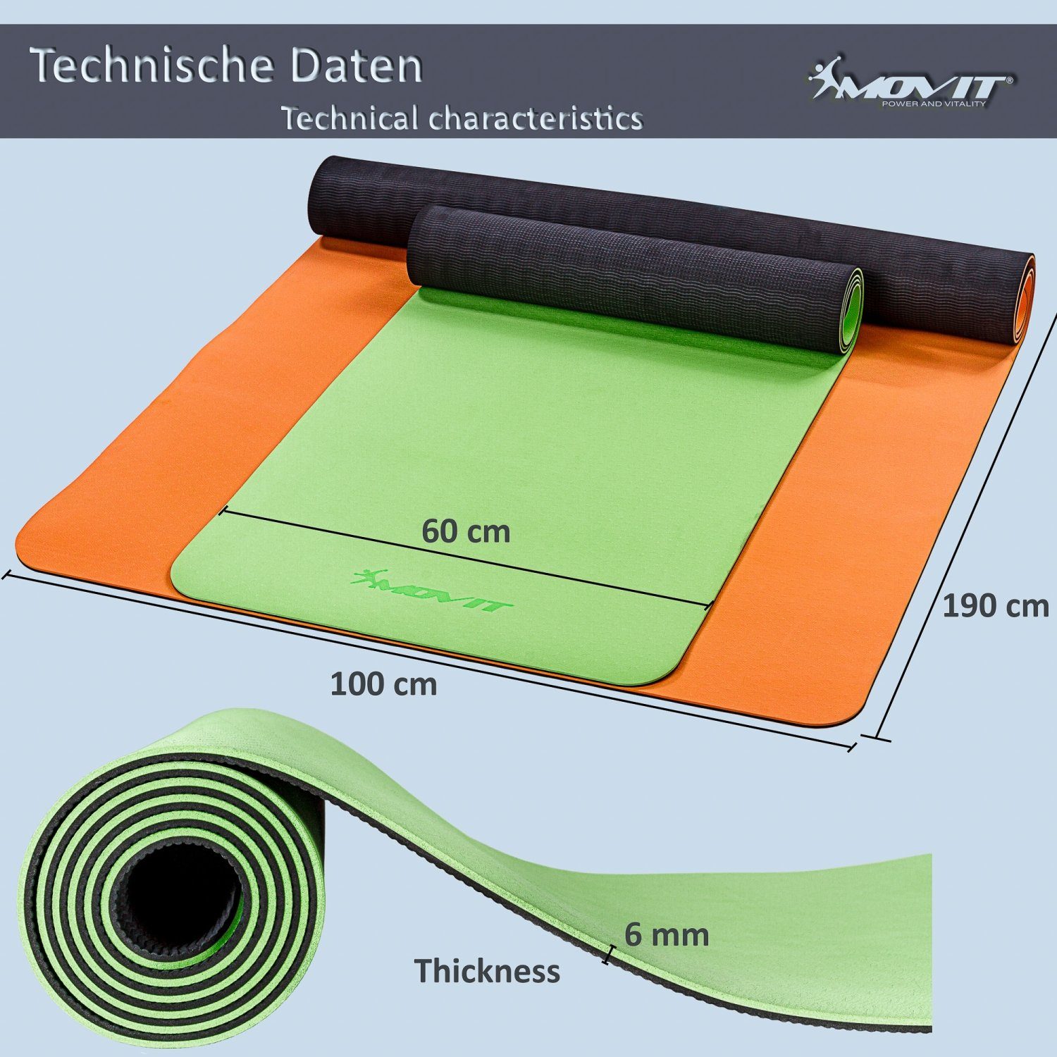 MOVIT Yogamatte Movit® XXL TPE Pilates Gymnastikmatte, Yogamatte (mit Verschlussband), 190x100 oder 190x60 cm, Stärke 0,6cm, Yoga Matte in 12 Farben