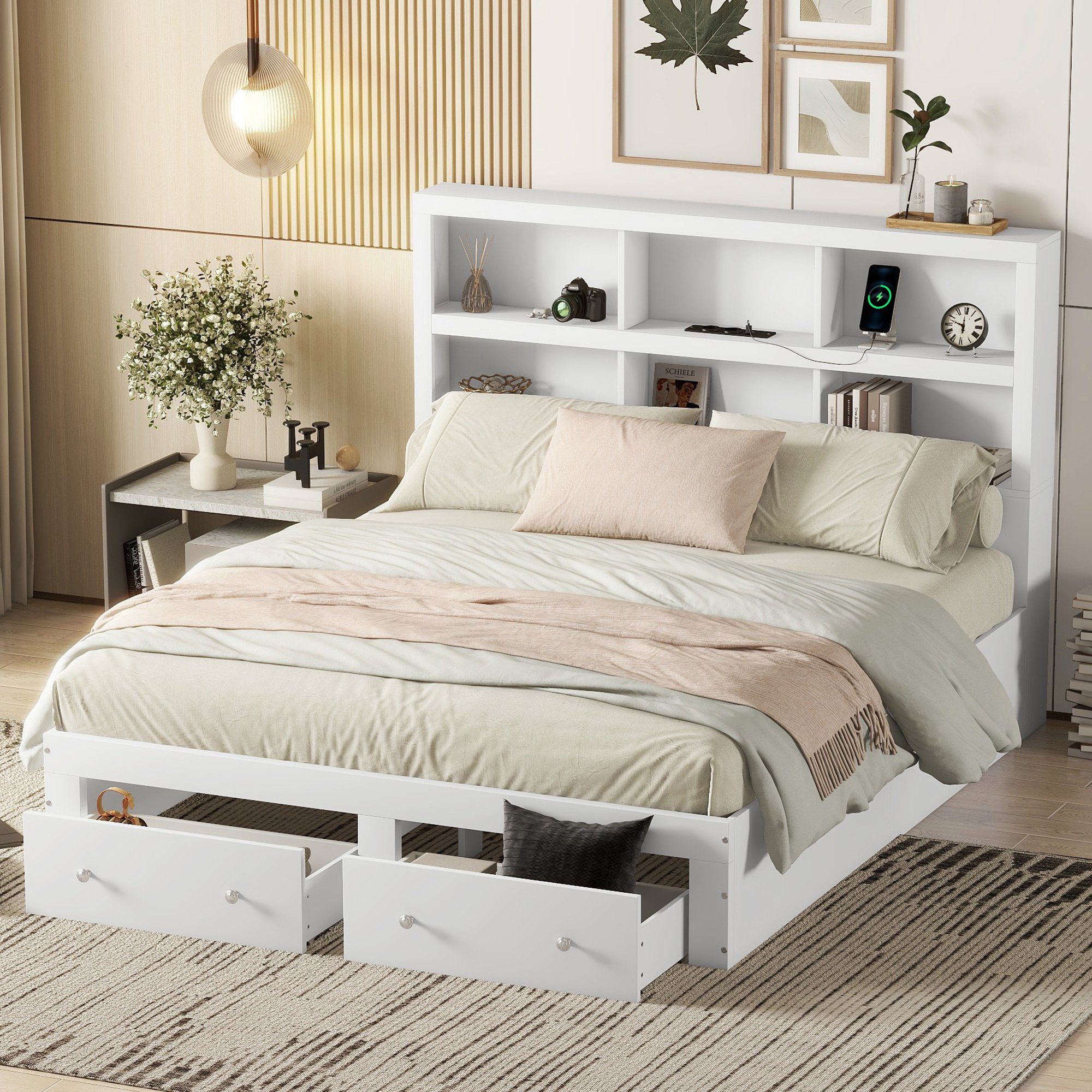 HAUSS SPLOE Holzbett Doppelbett Bettgestell Kinderbett Gästebett (Holzbett mit zwei Schubladen und Kopfteil mit Lagerregal), 160*200cm, Weiß
