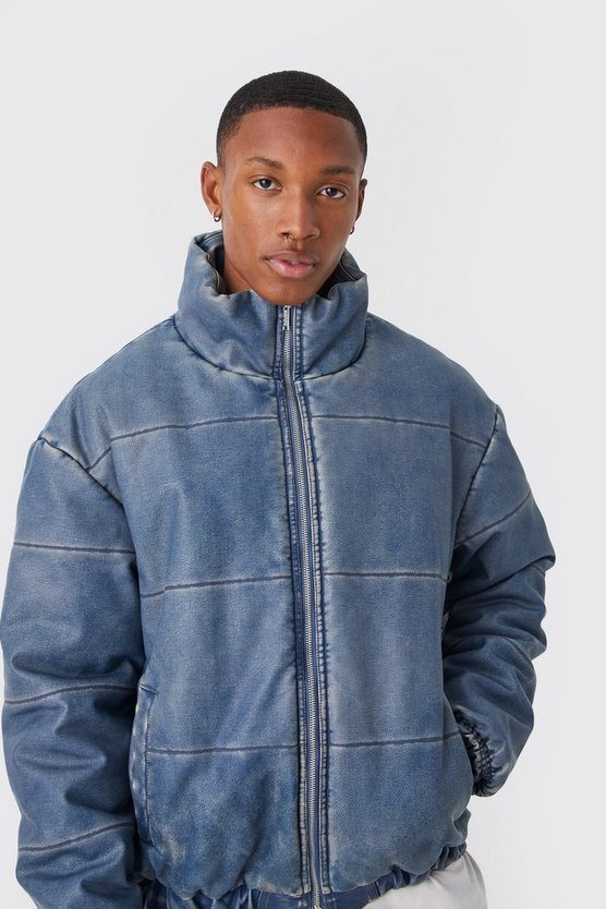 Kastige PU-Steppjacke in Denim-Optik mit Trichterkragen